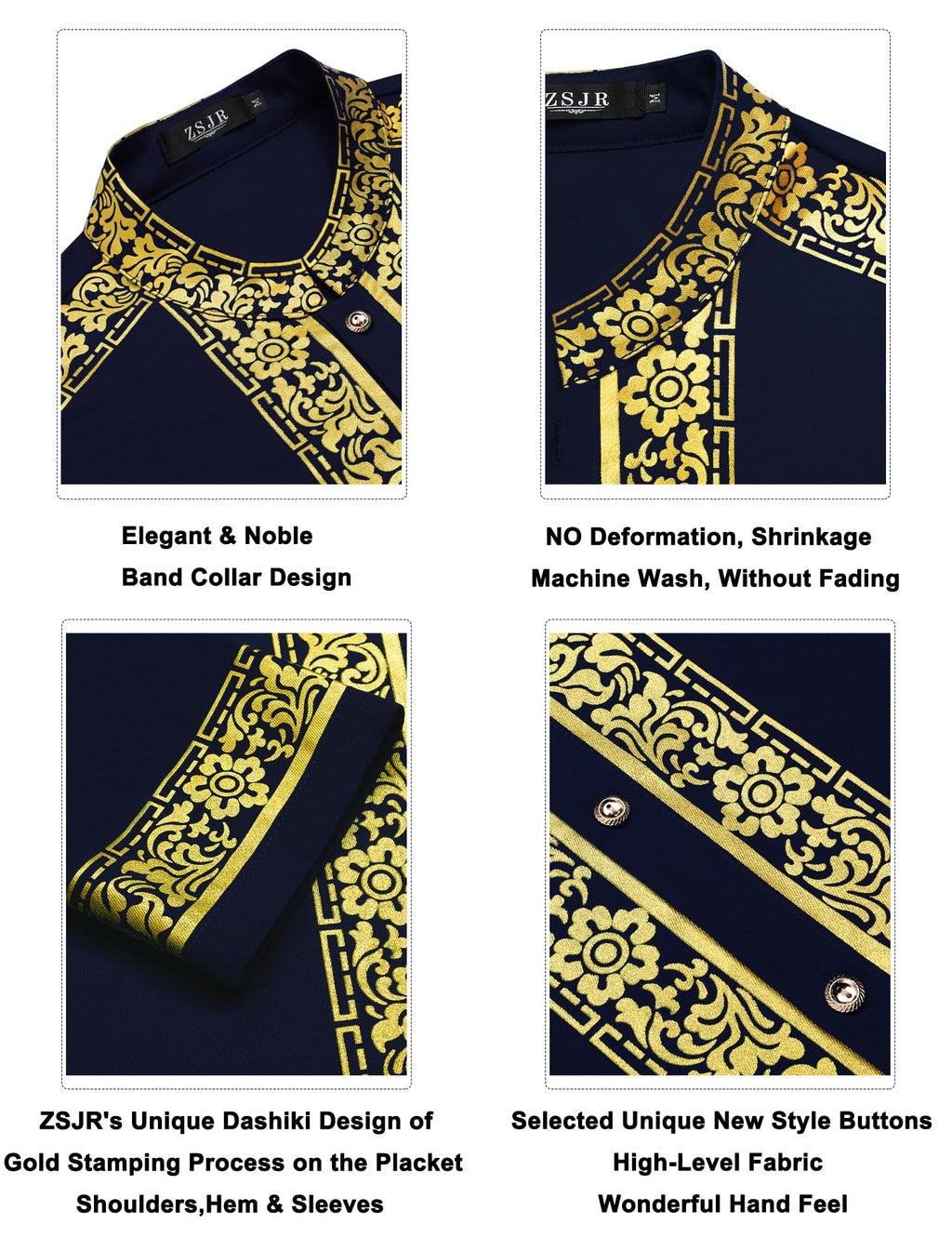 Mens African 2 Piece Set Nigerian Dashiki Metallic Traditional Suit Gold Stamp Printed Shirt and Pants Outfit