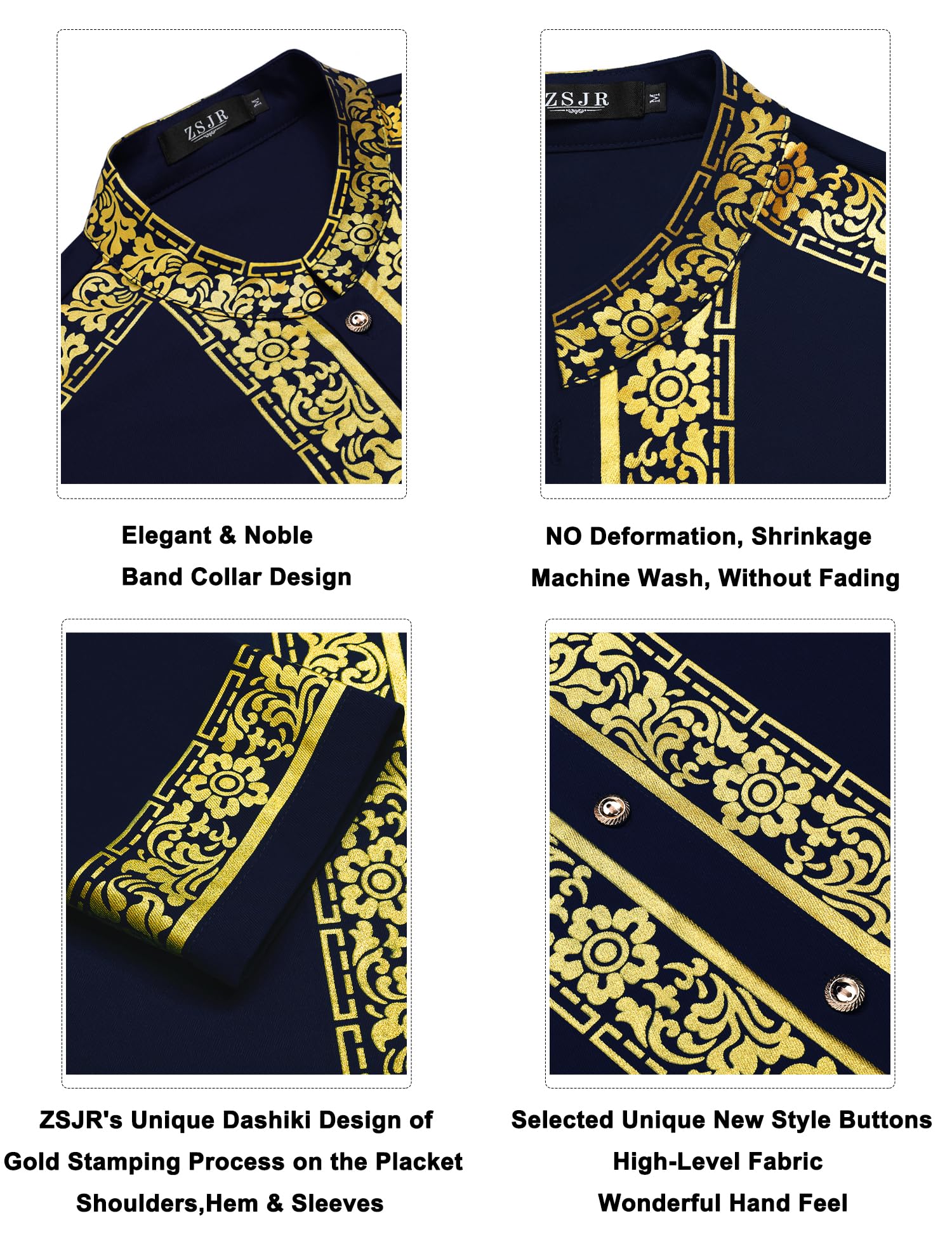 Mens African 2 Piece Set Nigerian Dashiki Metallic Traditional Suit Gold Stamp Printed Shirt and Pants Outfit