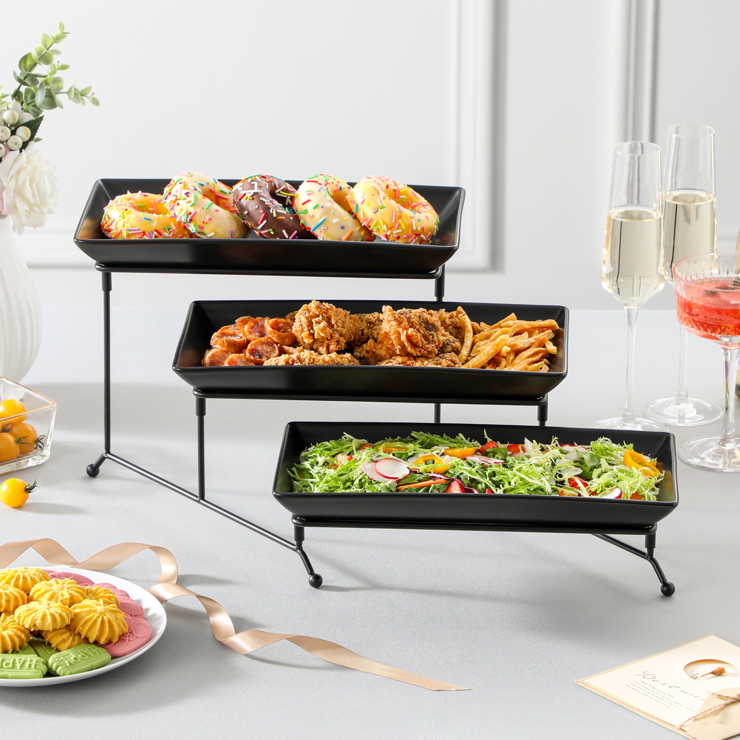 MALACASA 3 Tier Serving Trays for Party, Porcelain Serving Platters and Trays, 12 Inch Tiered Tray Stand, Fruit Tray, Trays for Serving Food, White Dessert Stand with Collapsible Sturdier Metal Rack