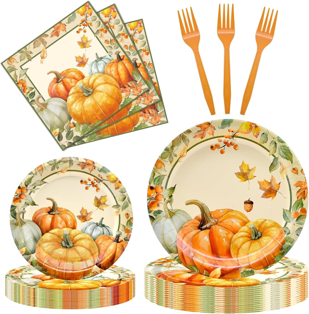 96 Pieces Fall Plates and Napkins Thanksgiving Tableware Set, Pumpkin Maple Leaf Disposable Dinnerware with Paper Plates, Napkins, and Forks for Thanksgiving Autumn Harvest Party Supplies- Serves 24