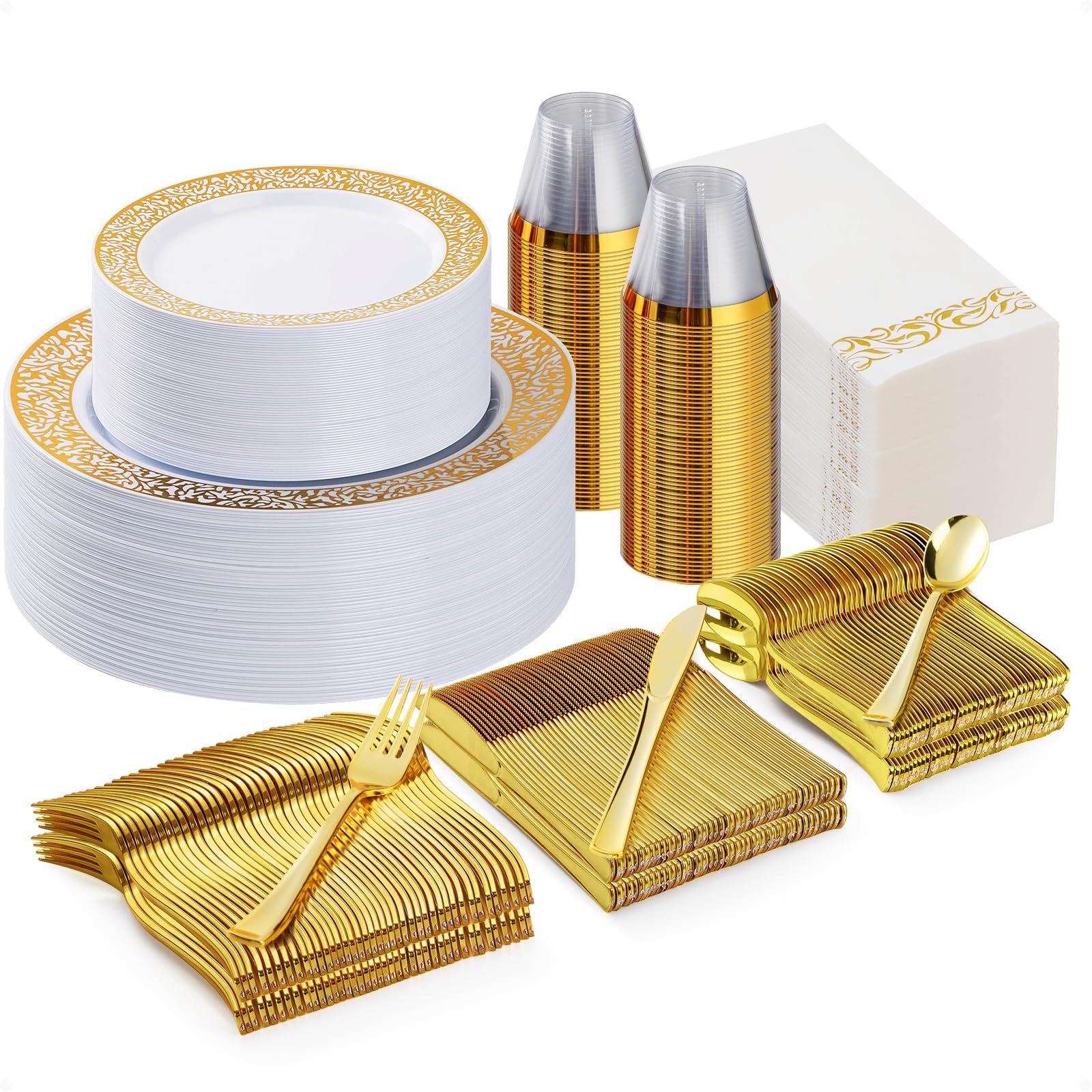 700PCS Gold Plastic Dinnerware Set for 100 Guests, Disposable Plates for Party, Include 100 Gold Dinner Plates, 100 Dessert Plates, 100 Set Silverware, 100 Cups, 100 Napkins