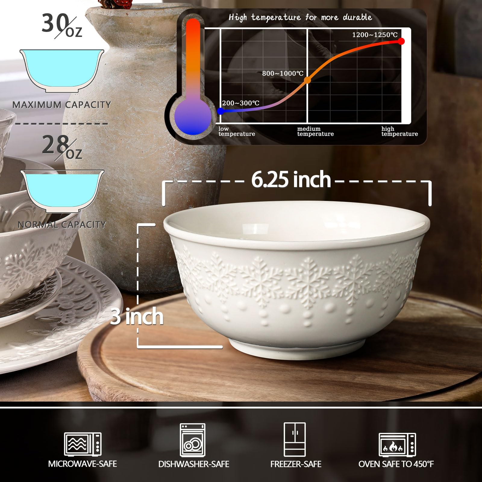 Large Salad Bowls Set of 4, 60oz White Serving Bowls Deep Deep Embossed Ceramic Mixing Bowl for Soup Kitchen, Eating, Ramen, Pasta, Dishwasher & Microwave Safe 8 inch (Multiple Patterns)