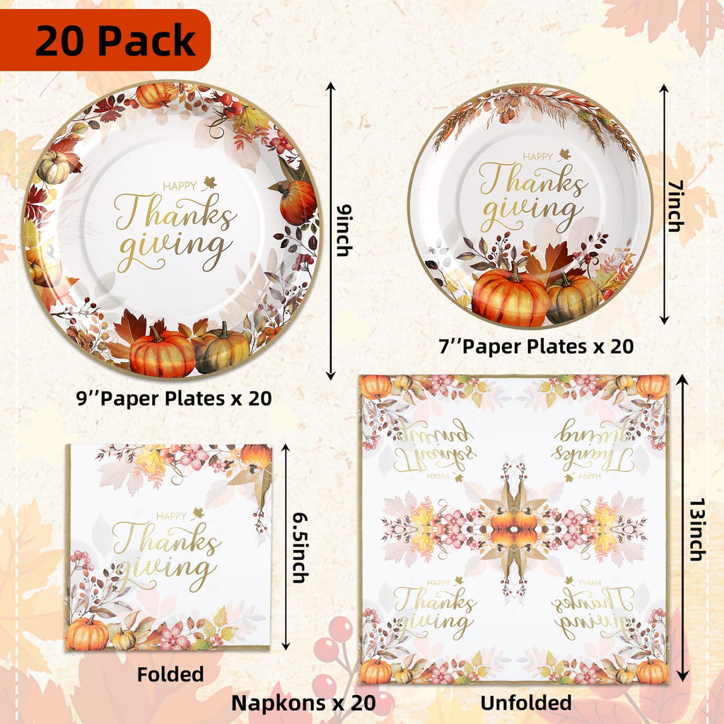 60 Pcs Thanksgiving Plates and Napkins, Happy Thanksgiving Party Supplies Tableware, Disposable Fall Paper Plates, Watercolor Pumpkin Maple plates for Autumn Harvest Festival Party, Serve 20