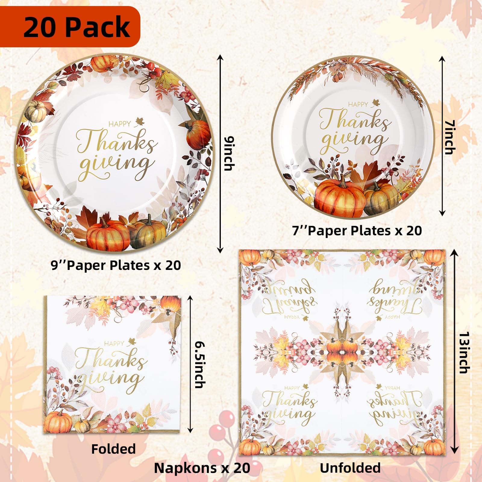 60 Pcs Thanksgiving Plates and Napkins, Happy Thanksgiving Party Supplies Tableware, Disposable Fall Paper Plates, Watercolor Pumpkin Maple plates for Autumn Harvest Festival Party, Serve 20