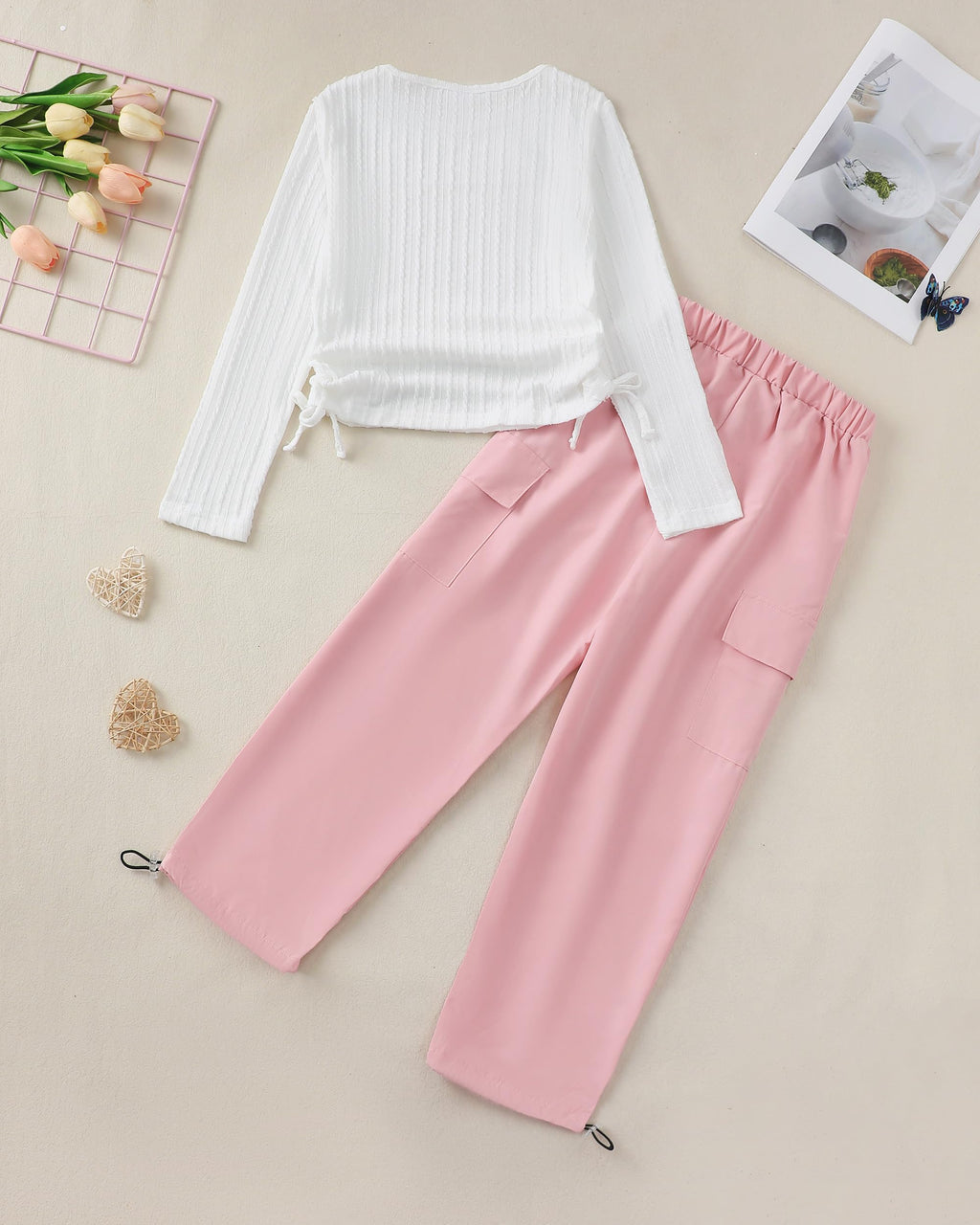 Girls Clothes Tween Girl Clothing Long Sleeve Ruched Drawstring Ribbed Knit Top Camo Cargo Pants Fall Winter Outfits