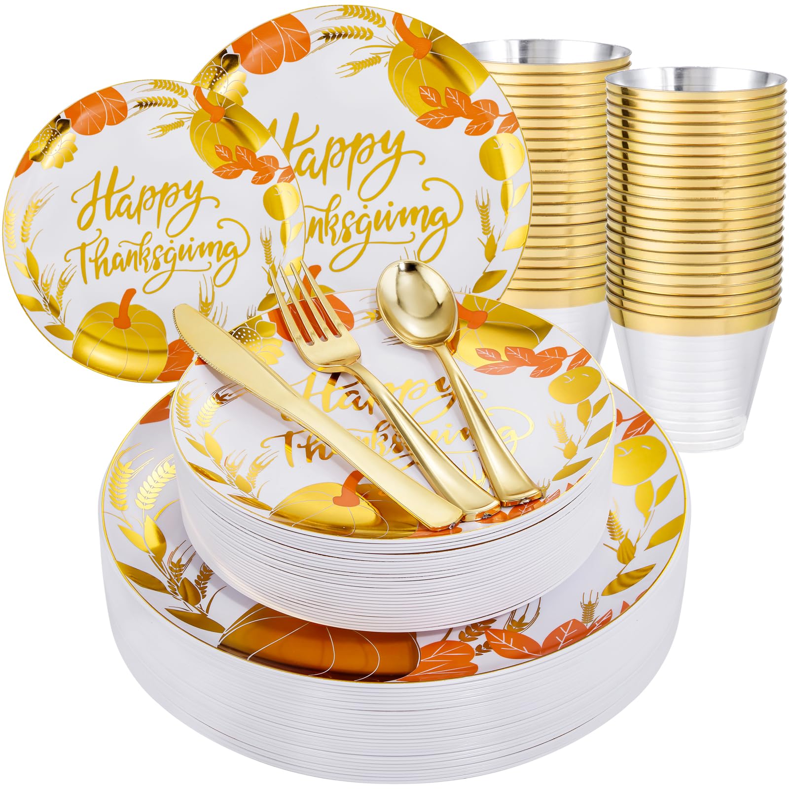 KIRE 150PCS Thanksgiving Plates Dinnerware Pumpkins - Plastic Thanksgiving Plates with Gold Silverware Include 25 for Dinner 25 for Salad 25Forks 25Knives 25Spoons 25Gold Cups