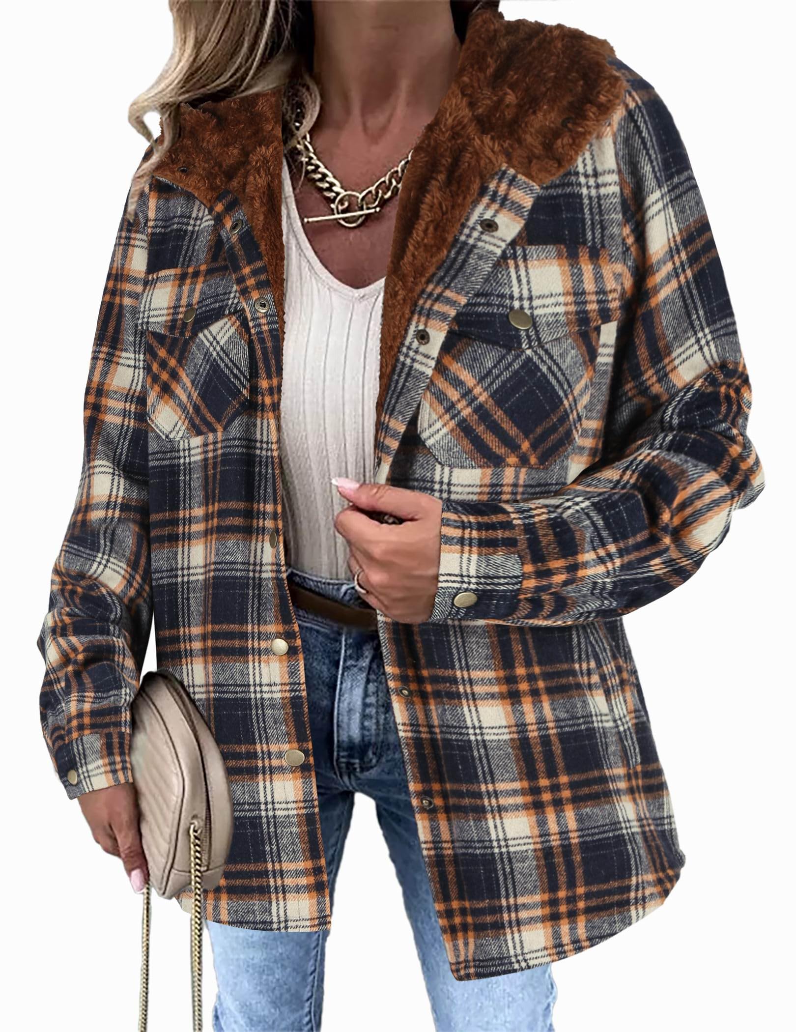 Zeagoo Womens Plaid Shacket Jacket Long Sleeve Fleece Hooded Jackets Fall Winter Warm Coat S-2XL