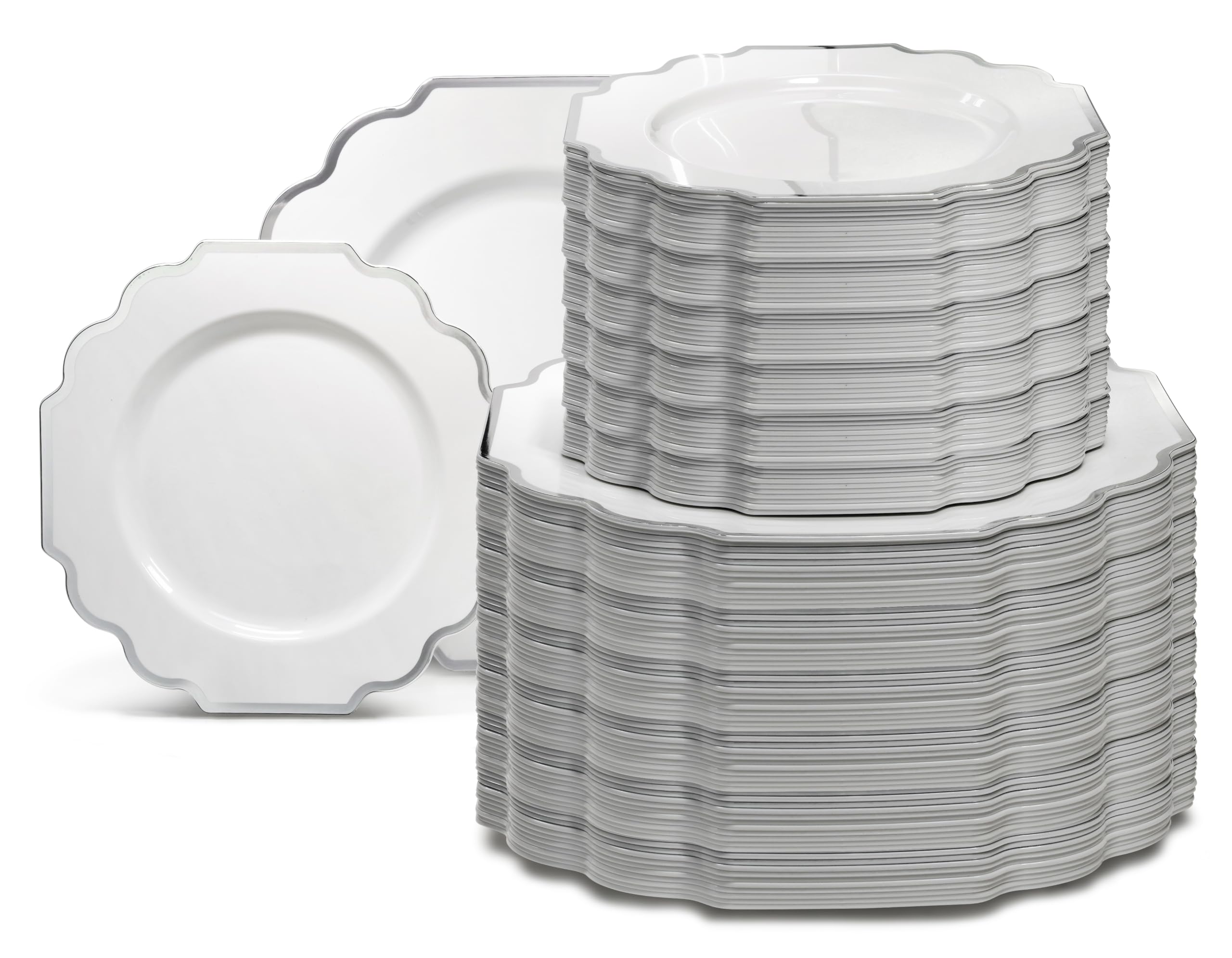 " OCCASIONS " 50 Plates Pack (25 Guests)-Heavyweight Wedding Party Disposable Plastic Plate Set -(25x10.5'' Dinner + 25x8'' Salad/Dessert) (Imperial White & Gold)