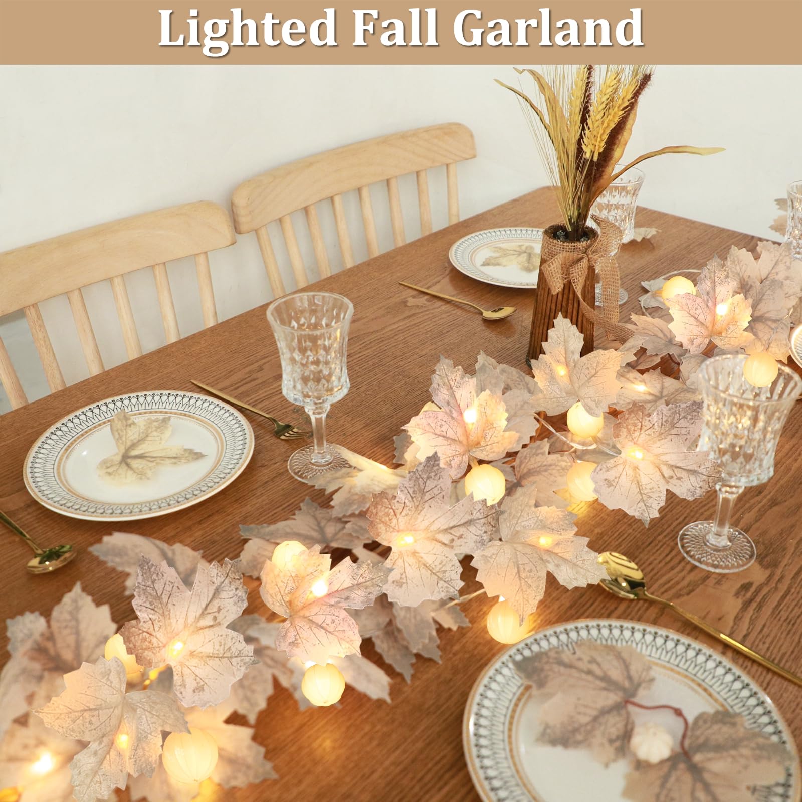 3 Pack Fall Garland with Pumpkin Lights & Enlarged Maple Fall Halloween String Lights Pumpkin Decor, 30Ft 60LED Waterproof Battery Operated Fall Decorations for Home Thanksgiving Decor Indoor Outdoor