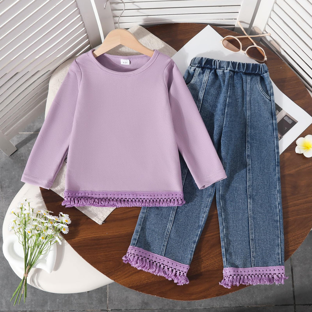 3-7 Years Toddler Girls Pants Set - Tassel Top & Washed Denim Pants Fall Winter Clothing Outfits Set for Girls