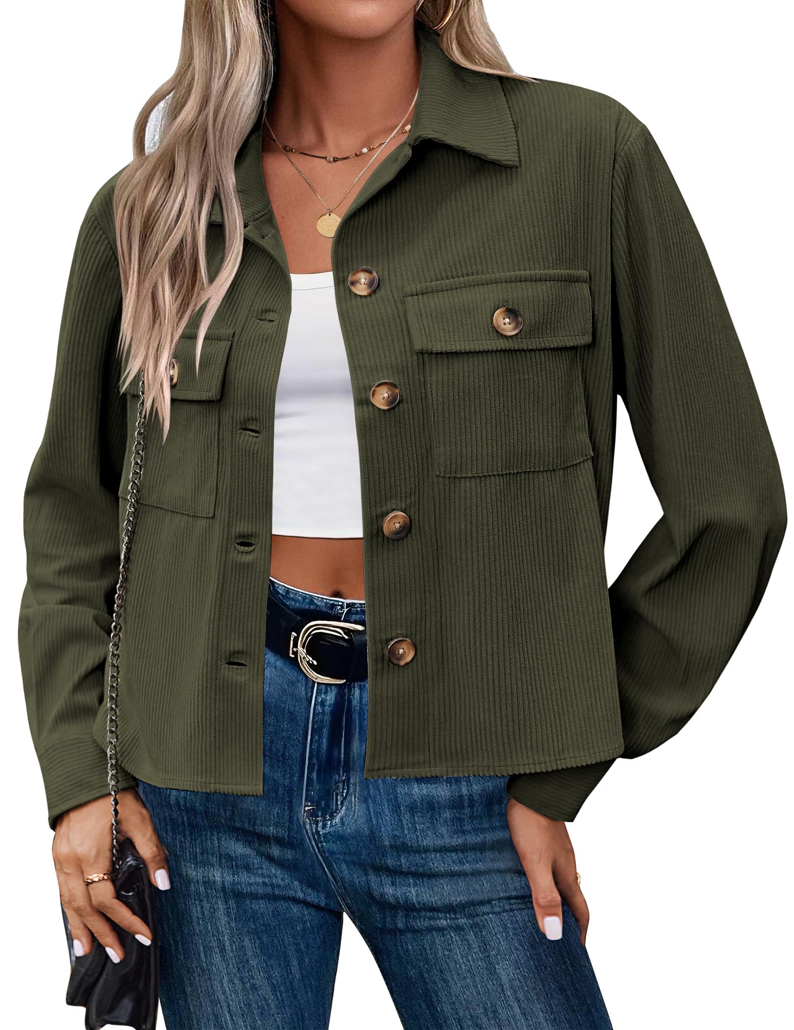 Zeagoo Womens Fashion Cropped Corduroy Shackets Button Down Jackets Tops Fall Trendy Long Sleeve Shirts
