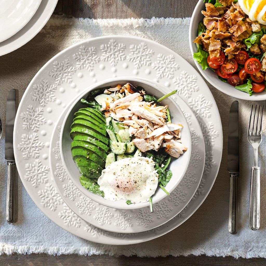 Large Salad Bowls Set of 4, 60oz White Serving Bowls Deep Deep Embossed Ceramic Mixing Bowl for Soup Kitchen, Eating, Ramen, Pasta, Dishwasher & Microwave Safe 8 inch (Multiple Patterns)