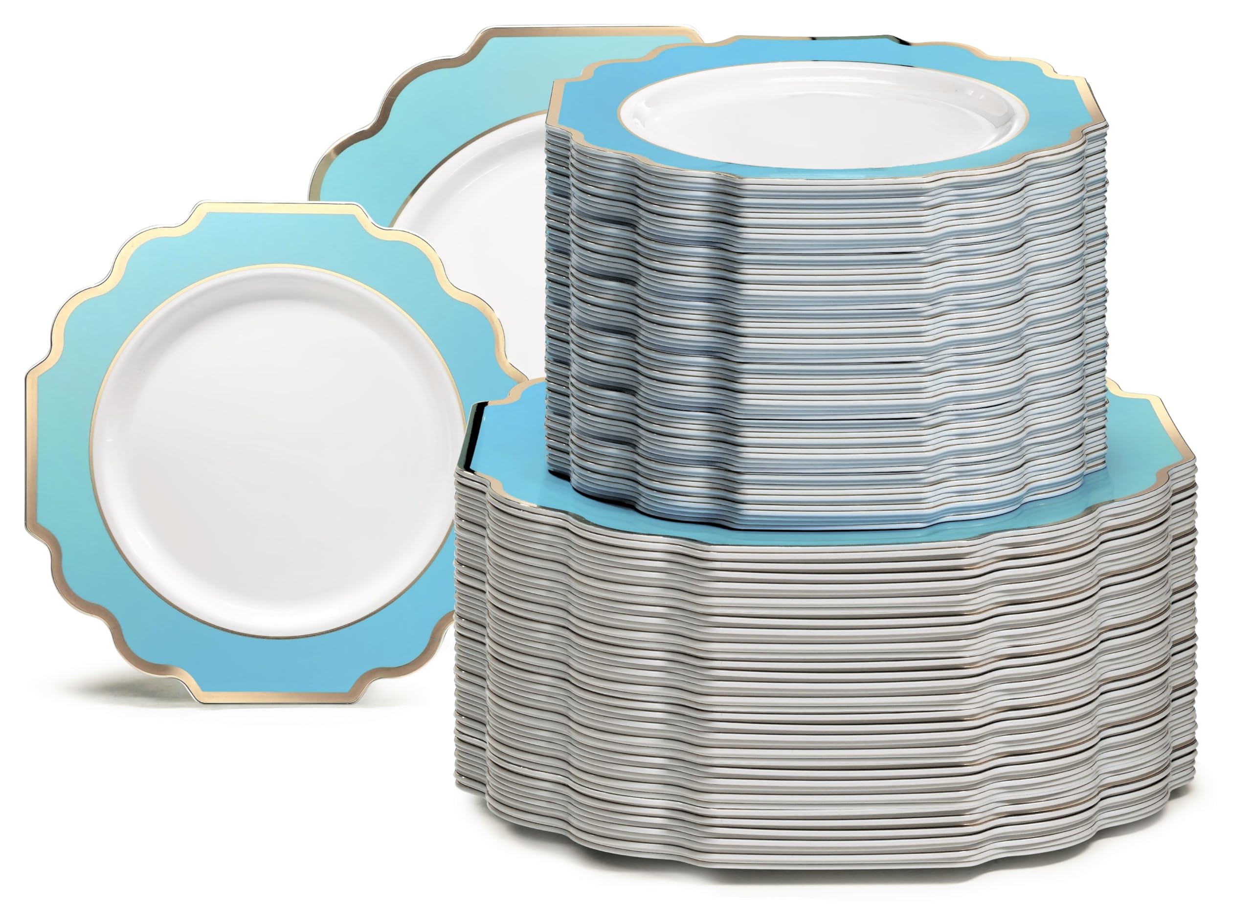 " OCCASIONS " 50 Plates Pack (25 Guests)-Heavyweight Wedding Party Disposable Plastic Plate Set -(25x10.5'' Dinner + 25x8'' Salad/Dessert) (Imperial White & Gold)