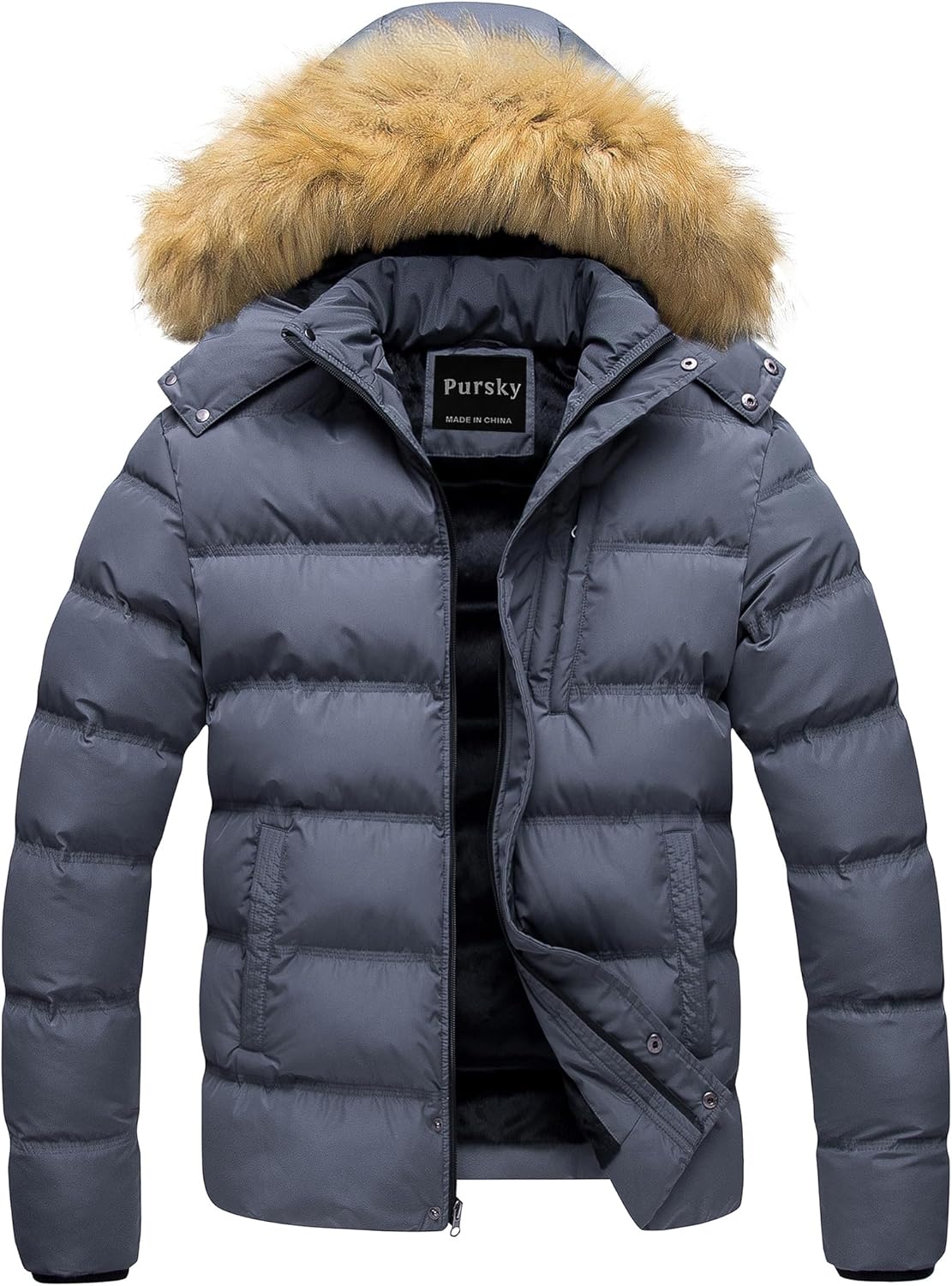 Pursky Men's Puffer Jacket Waterproof Winter Bubble Coats Ski Parka Fur Hooded