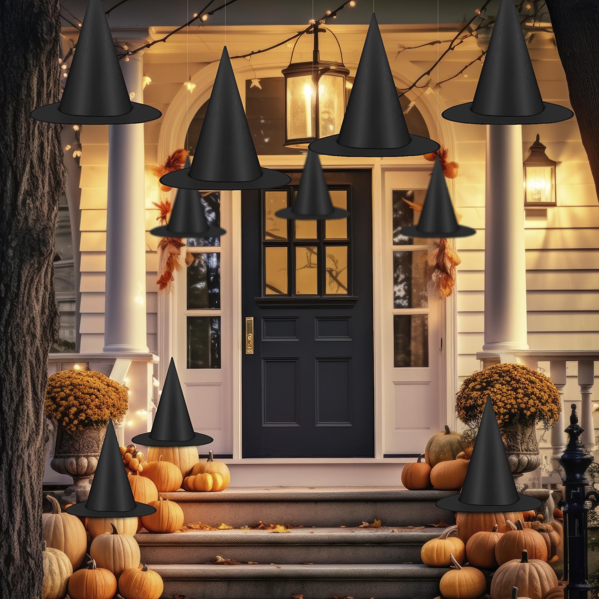 12 PCS Halloween Witch Hats, Black Hanging Witch Hat, Witch Costume Accessories Witches Hat with 328 FT Nylon Cord Wizard Hats Indoor Outdoor Halloween Decorations for Home Yard Porch Ceiling