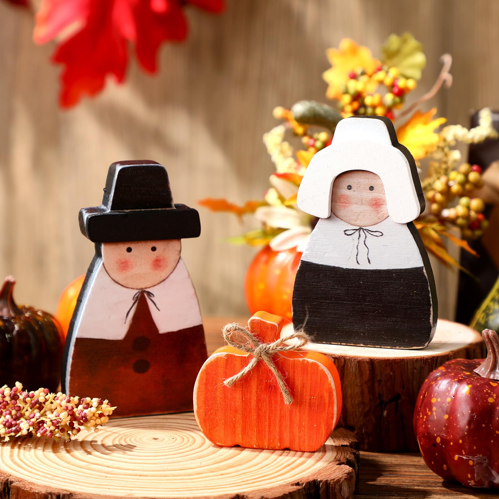 3 Pcs Fall Thanksgiving Decorations Fall Wooden Turkey Pilgrim Couple Table Sign Thanksgiving Standing Tabletop Decor for Autumn Harvest Indoor Tabletop(Turkey)