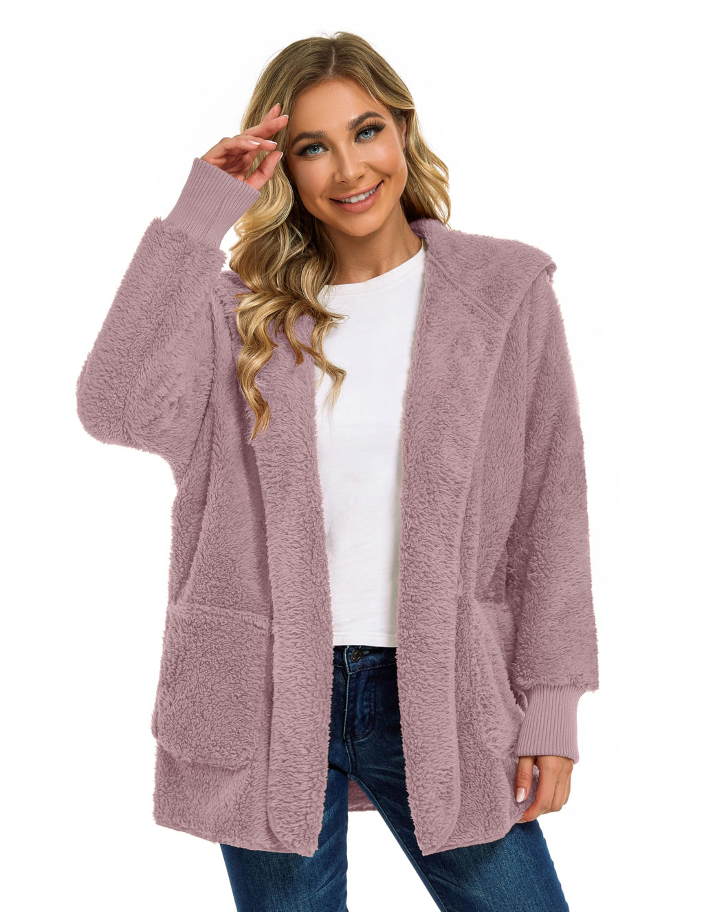 CHICGAL Womens Fuzzy Jacket Hooded Cardigan Open Front Sherpa Coat Outwear with Pockets