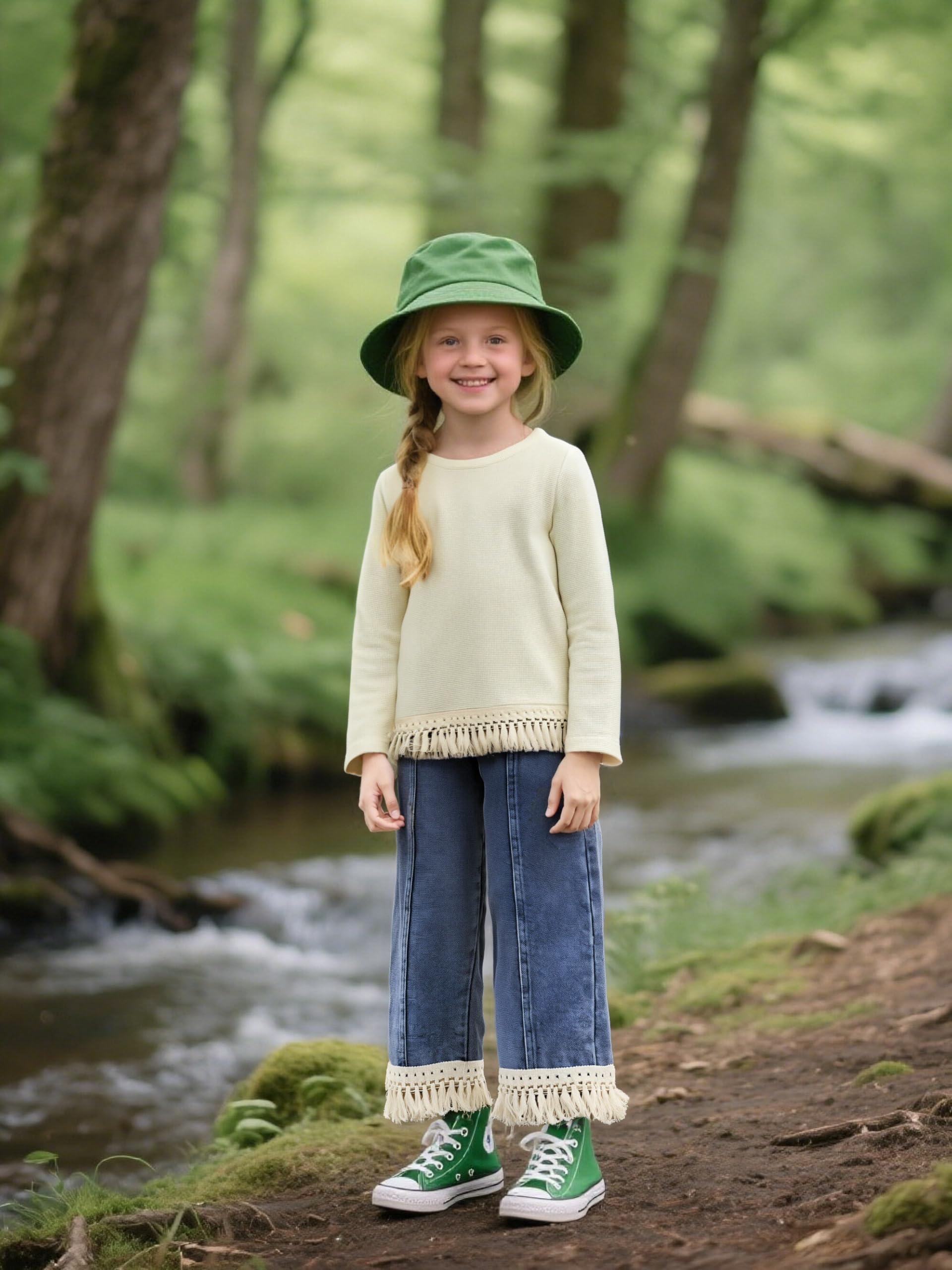 3-7 Years Toddler Girls Pants Set - Tassel Top & Washed Denim Pants Fall Winter Clothing Outfits Set for Girls