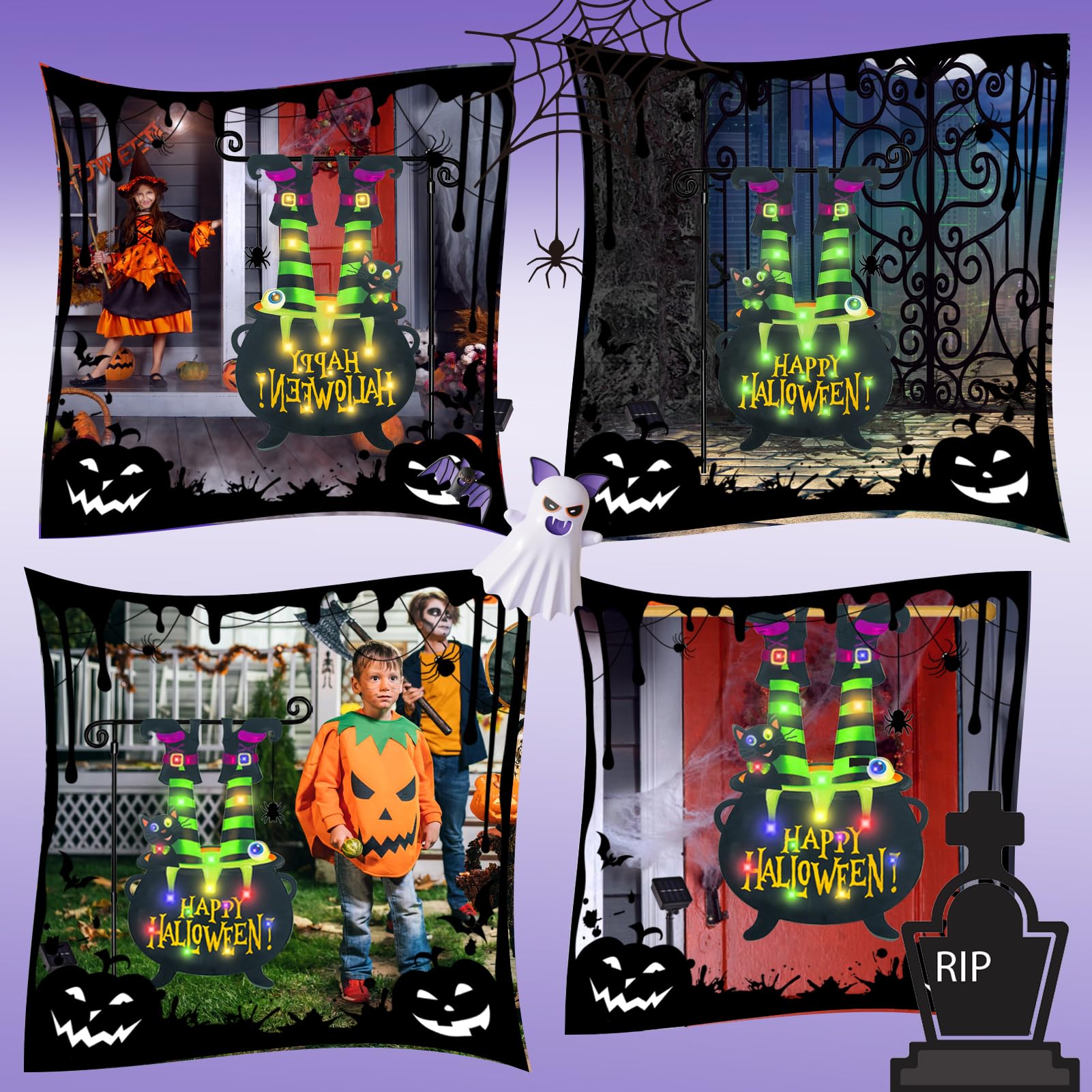 Halloween Lighted Garden Flag for Outside, Led Solar Yard Flag 8 Modes Witch Feet Shape Flag, 12x18 Double Sided Cauldron Eyeball Black Cat Decorations for Home Porch