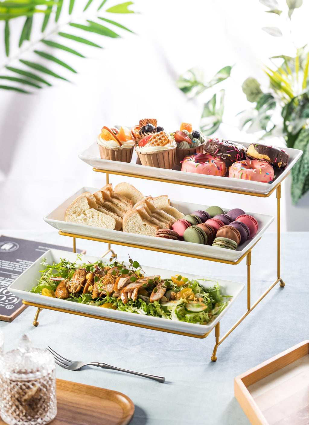 LYEOBOH 3 Tier Serving Bowls Set with Collapsible Thicker Metal Stand, Oval Serving Dishes for Entertaining Tiered Serving Stand for Fruit, Dessert, Candy, Chip and Dip (Black)