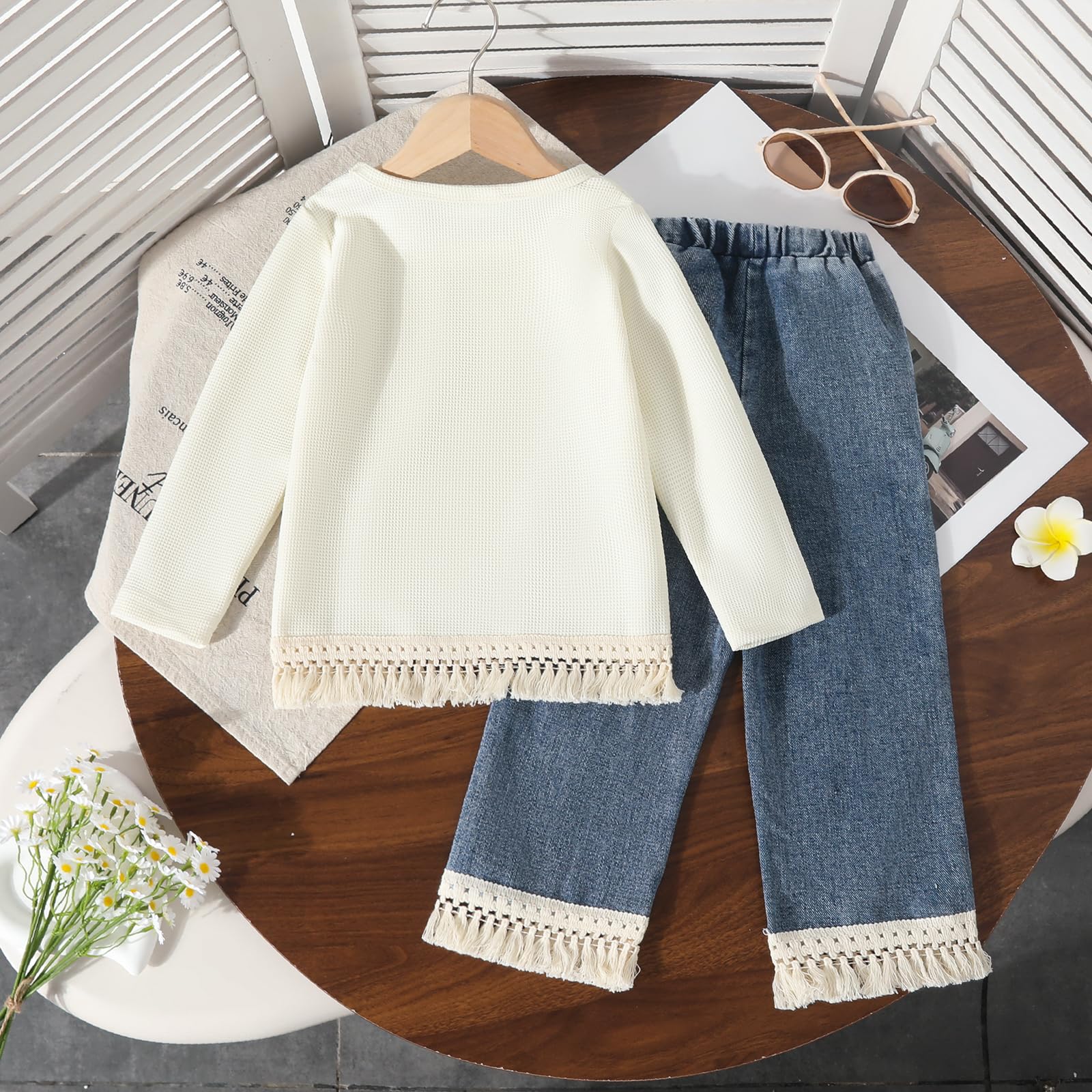 3-7 Years Toddler Girls Pants Set - Tassel Top & Washed Denim Pants Fall Winter Clothing Outfits Set for Girls