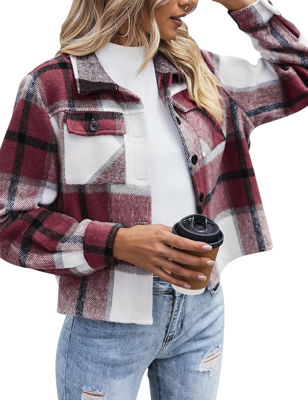Zeagoo Flannels for Women Cropped Shacket Jacket Fashion Plaid Button Down Shirt 2025 Fall Coat Tops
