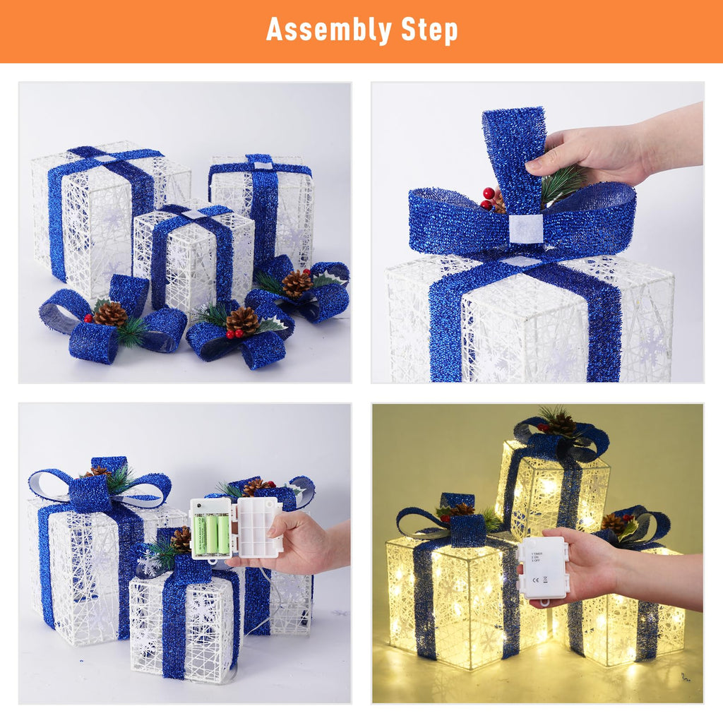 Christmas Decorations, Set of 3 Christmas Lighted Gift Boxes, Battery Operated Xmas Present Boxes, Warm White LED with Bows for Indoor Christmas Tree, Yard, Home Decor