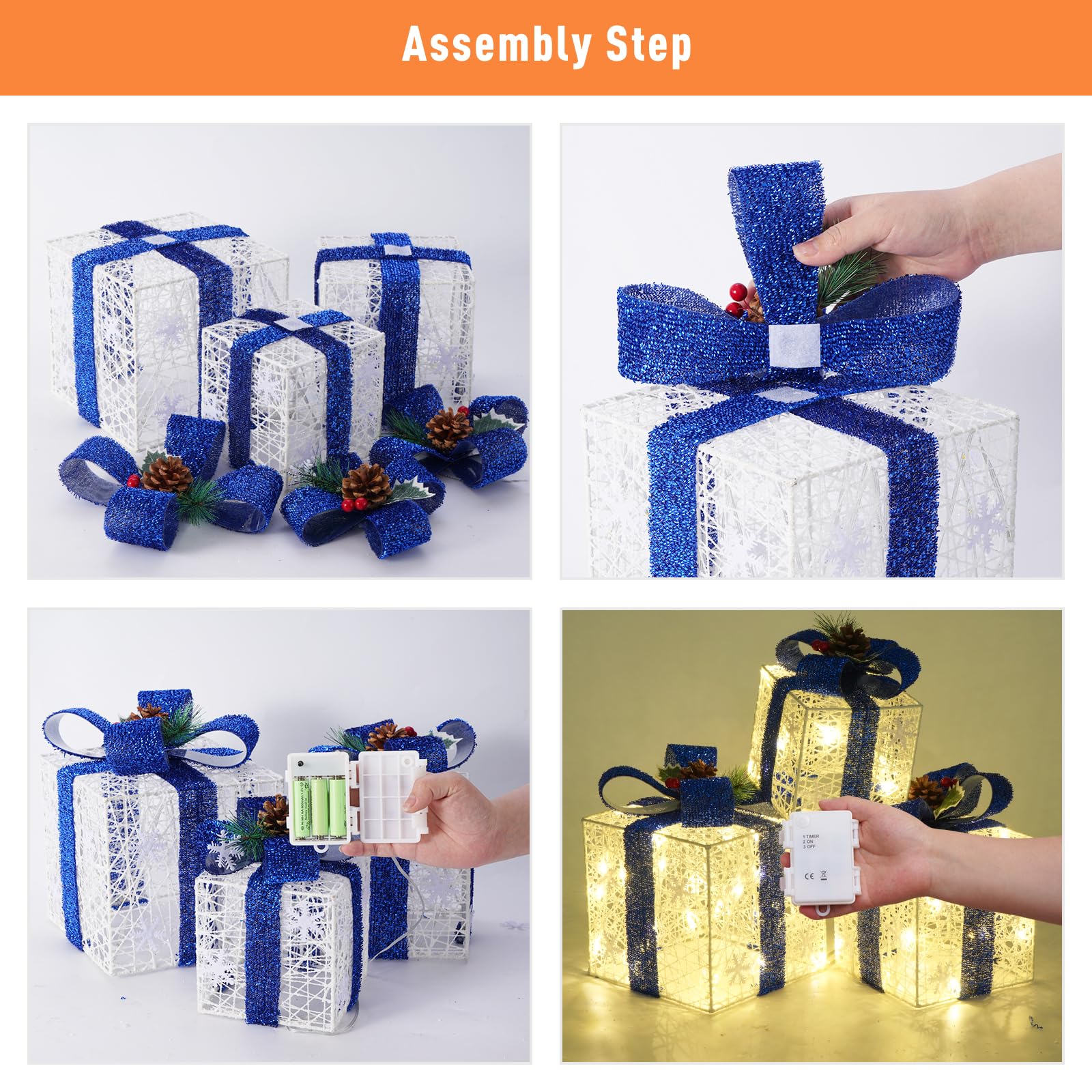 Christmas Decorations, Set of 3 Christmas Lighted Gift Boxes, Battery Operated Xmas Present Boxes, Warm White LED with Bows for Indoor Christmas Tree, Yard, Home Decor