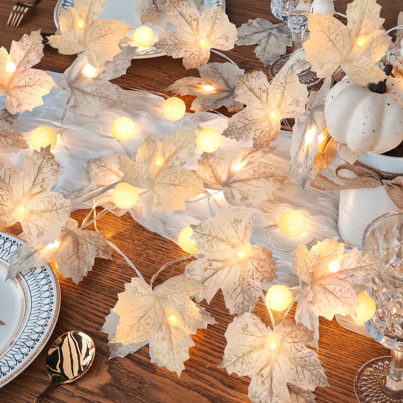 3 Pack Fall Garland with Pumpkin Lights & Enlarged Maple Fall Halloween String Lights Pumpkin Decor, 30Ft 60LED Waterproof Battery Operated Fall Decorations for Home Thanksgiving Decor Indoor Outdoor