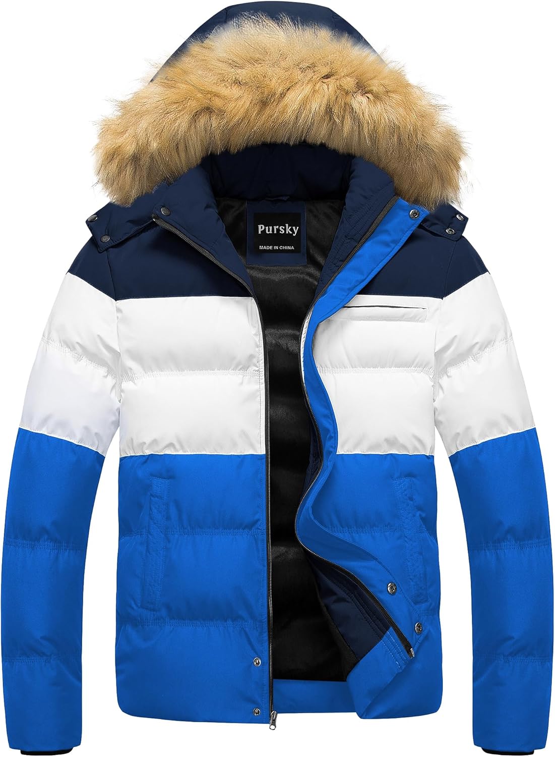 Pursky Men's Puffer Jacket Waterproof Winter Bubble Coats Ski Parka Fur Hooded