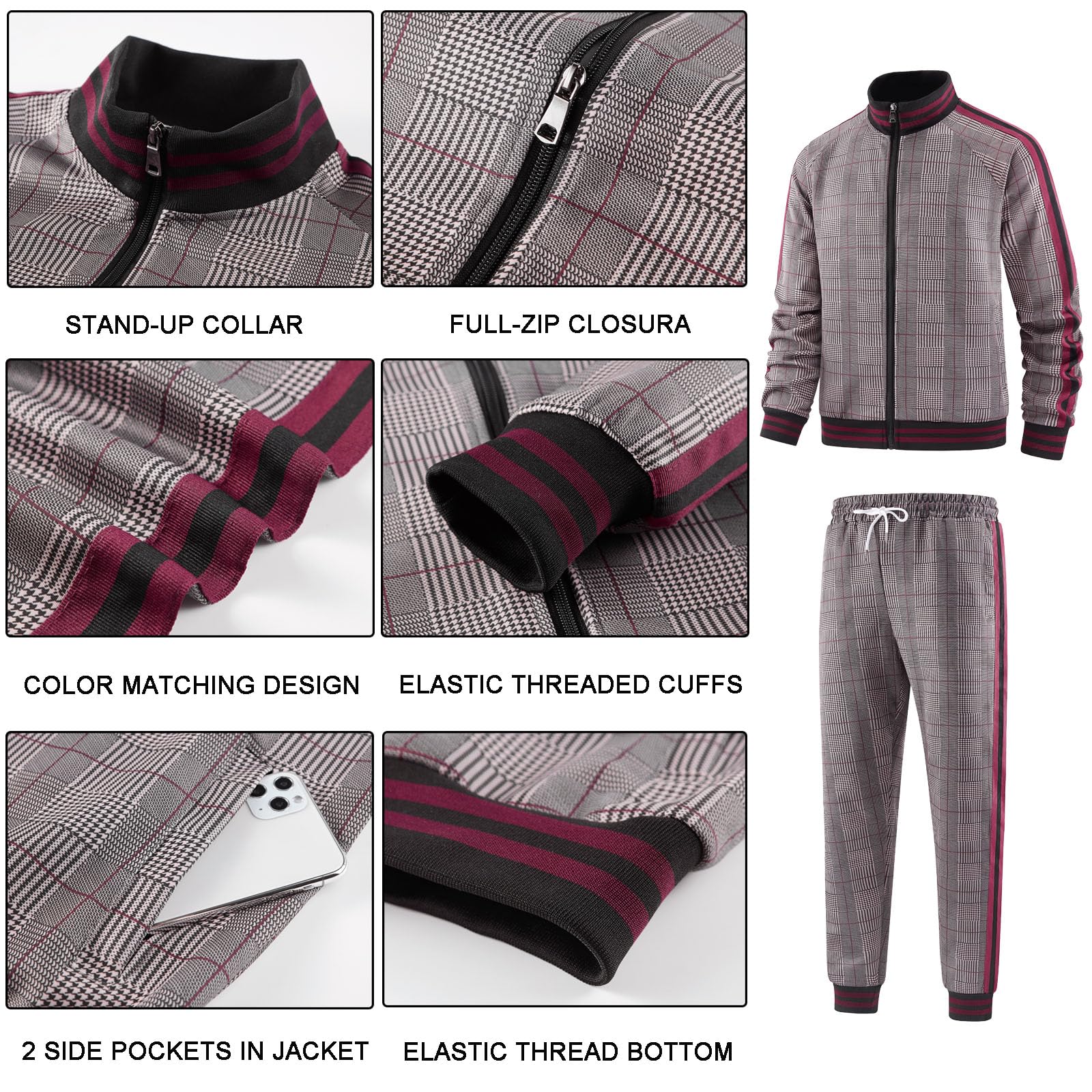 Men Tracksuits Full-zip Long Sleeve Plaid Track Jackets and Pants 2 Piece