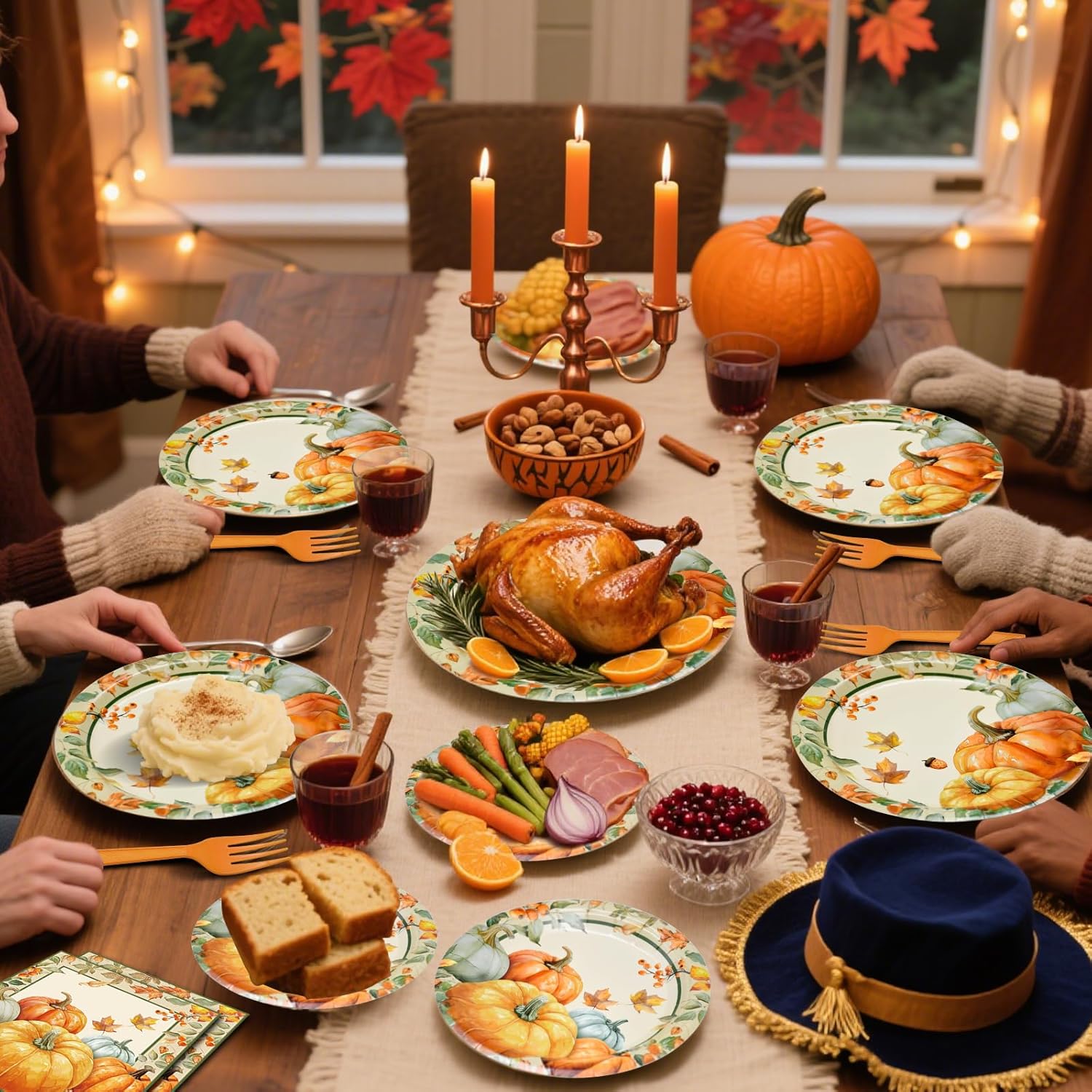 96 Pieces Fall Plates and Napkins Thanksgiving Tableware Set, Pumpkin Maple Leaf Disposable Dinnerware with Paper Plates, Napkins, and Forks for Thanksgiving Autumn Harvest Party Supplies- Serves 24