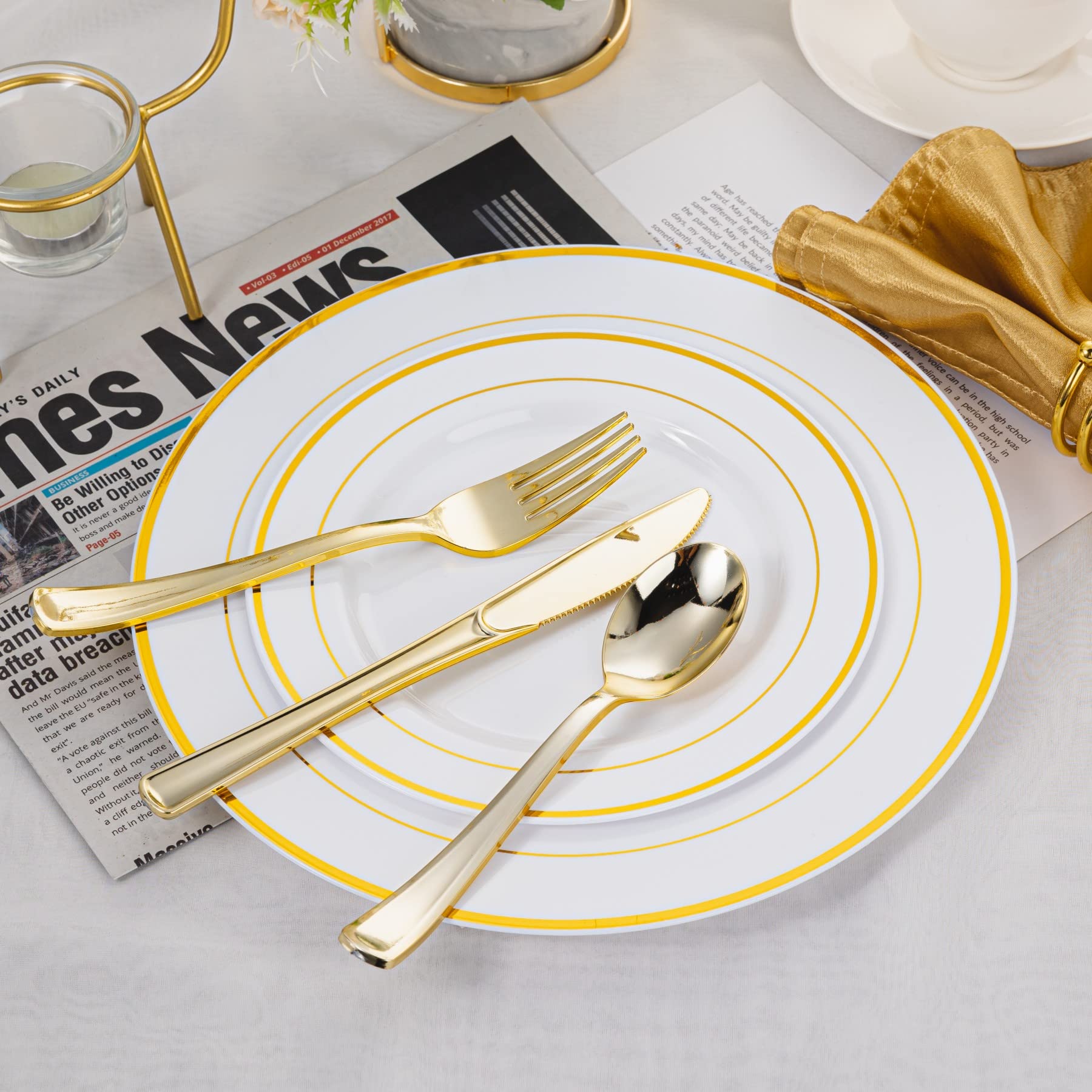 N9R 300PCS Gold Plastic Silverware, Heavy Duty Gold Plastic Cutlery Set Disposable Flatware Dinnerware, 100 Forks, 100 Spoons, 100 Knives, Perfect for Party, Wedding and Daily Use