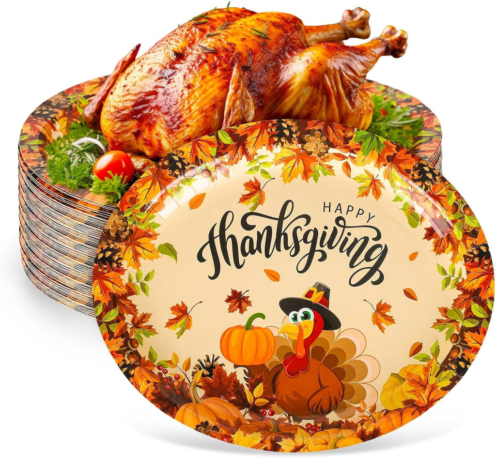 50Pcs Thanksgiving Oval Paper Plates Turkey Pumpkin Pattern Disposable Plates Large Decorative Tableware for Fall Autumn Harvest Party Decor Supplies