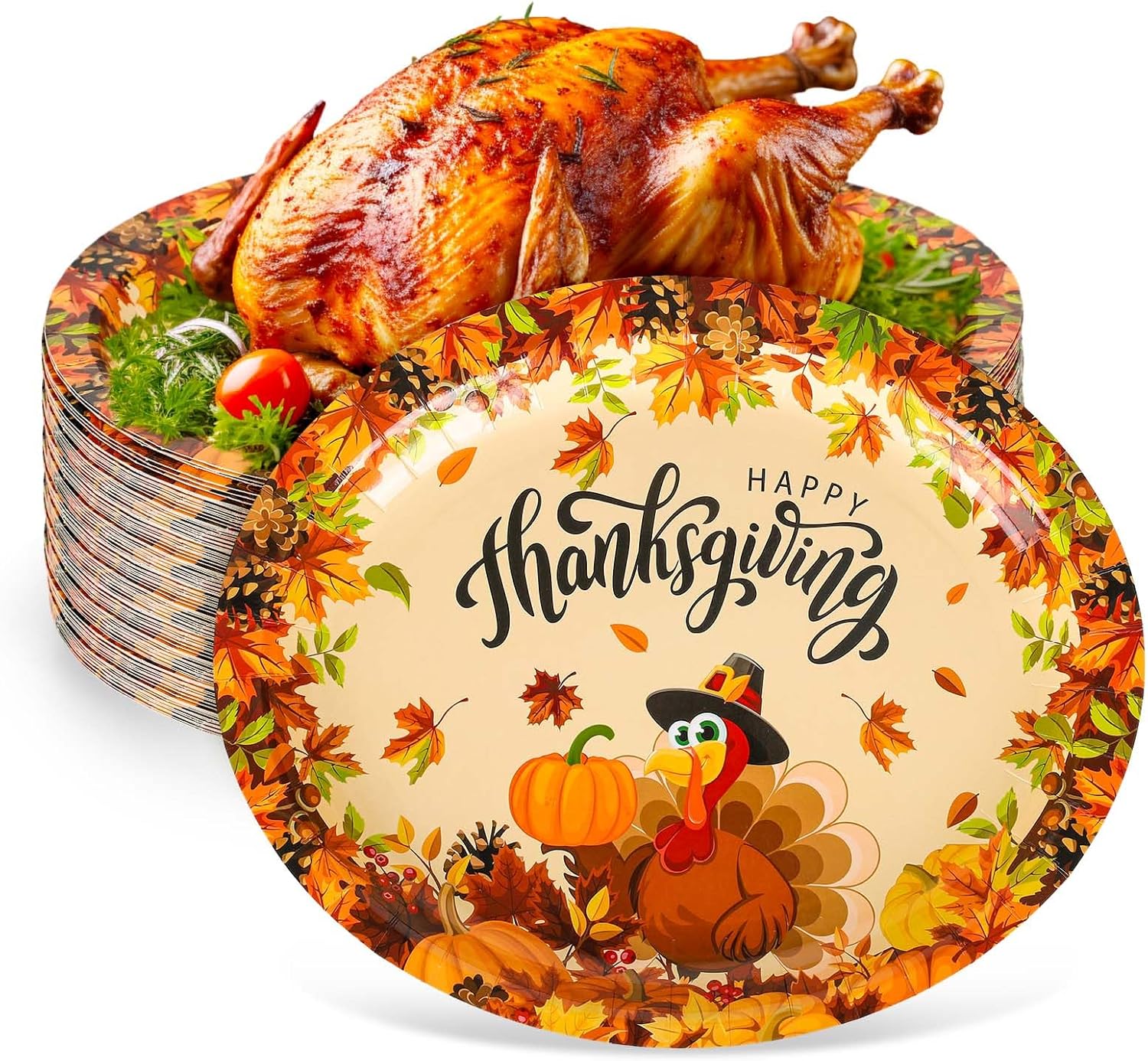 50Pcs Thanksgiving Oval Paper Plates Turkey Pumpkin Pattern Disposable Plates Large Decorative Tableware for Fall Autumn Harvest Party Decor Supplies