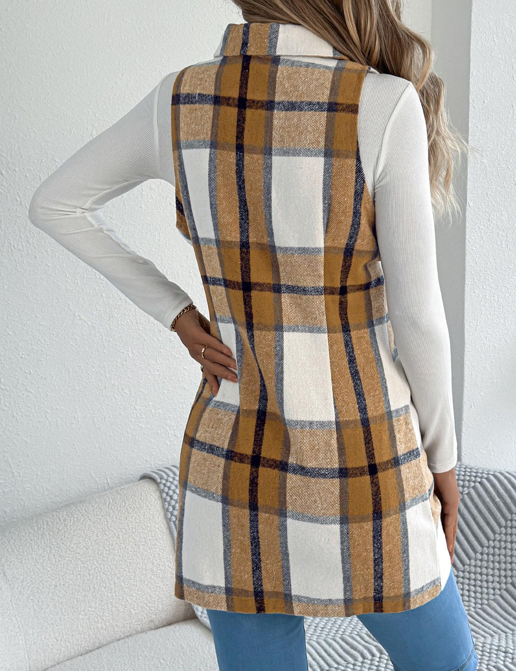 Kinghua Plaid Long Vest for Women Sleeveless Wool Coats Fall Winter Double Breasted Blazer Jackets Outwear