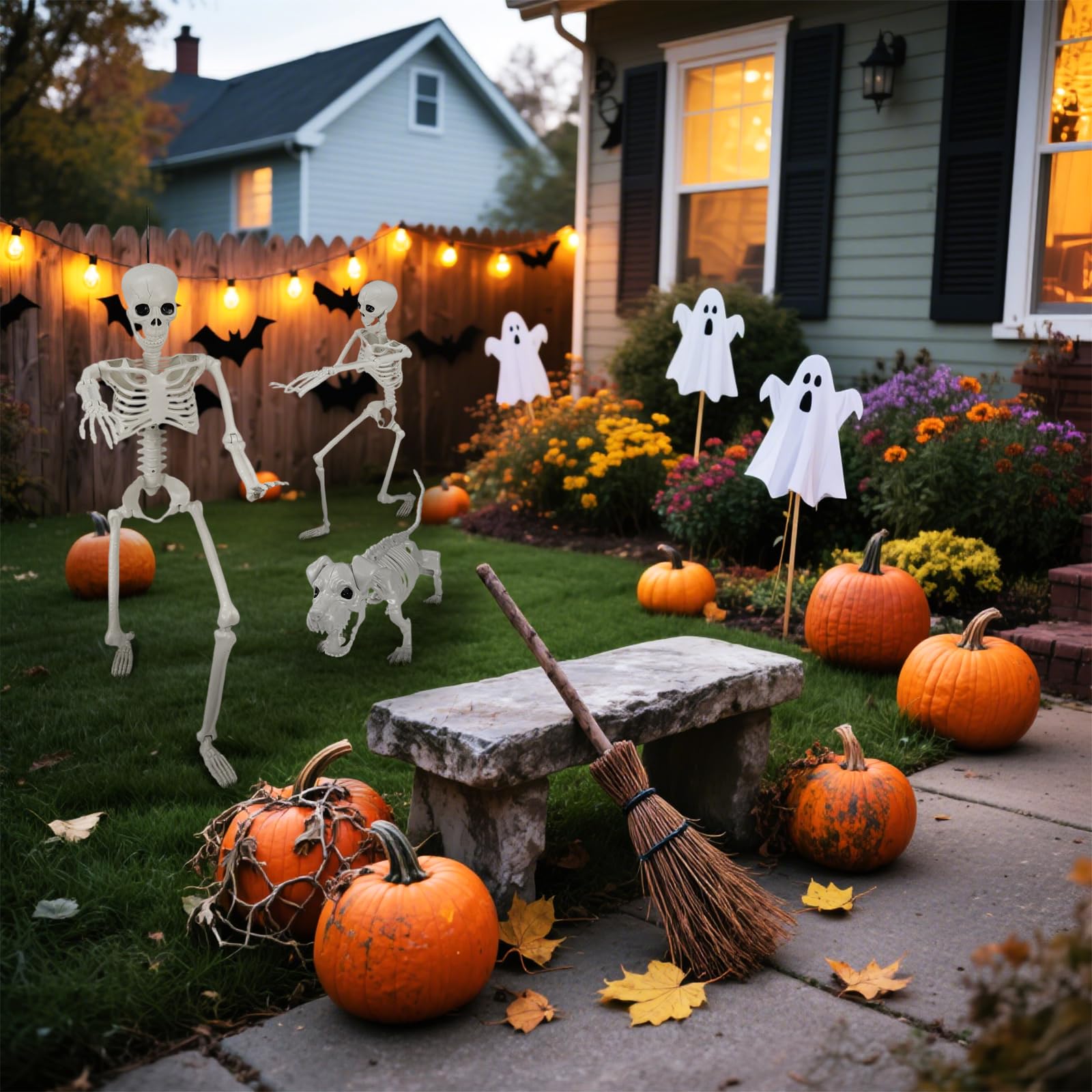 Lighted Human & Dog Skeleton Halloween Decorations Outdoor/Indoor - 36 Inch Realistic Full Body Movable Posable Skeleton Spooky Halloween Decor for Garden Yard Porch Indoor Party Haunted Graveyard