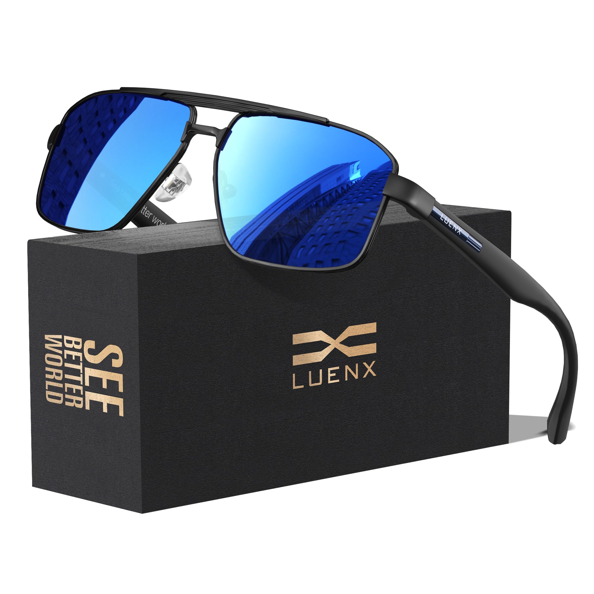 LUENX Aviator Sunglasses for Men Square Polarized Polygon Lens - UV 400 Protection