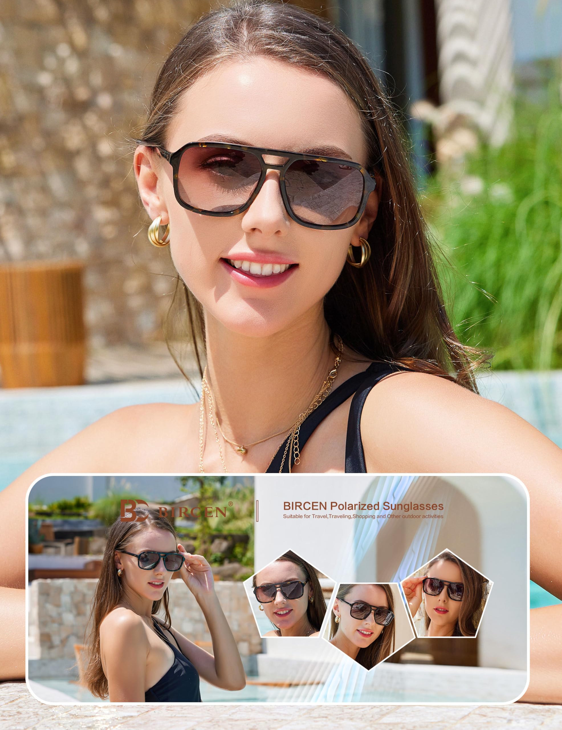 BIRCEN Women Polarized Acetate Sunglasses: Fashion Square Aviator Shades UV Protection for Trendy Laides Travel Beach Outdoor