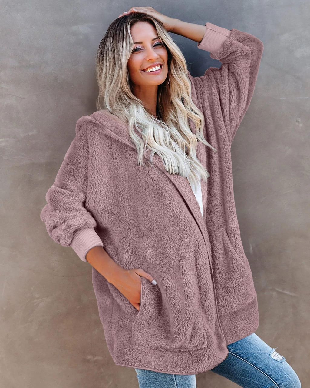 CHICGAL Womens Fuzzy Jacket Hooded Cardigan Open Front Sherpa Coat Outwear with Pockets