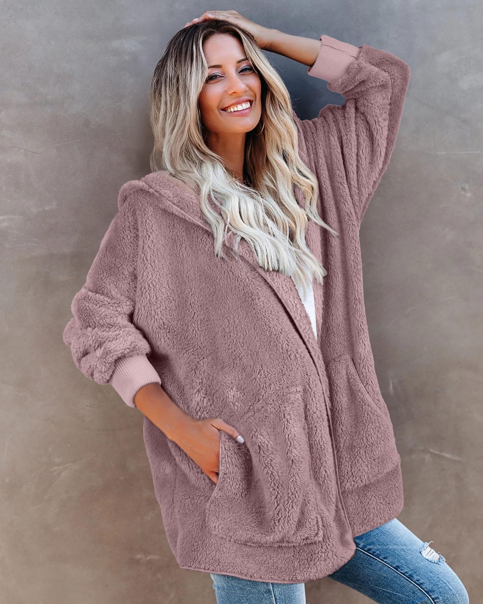 CHICGAL Womens Fuzzy Jacket Hooded Cardigan Open Front Sherpa Coat Outwear with Pockets
