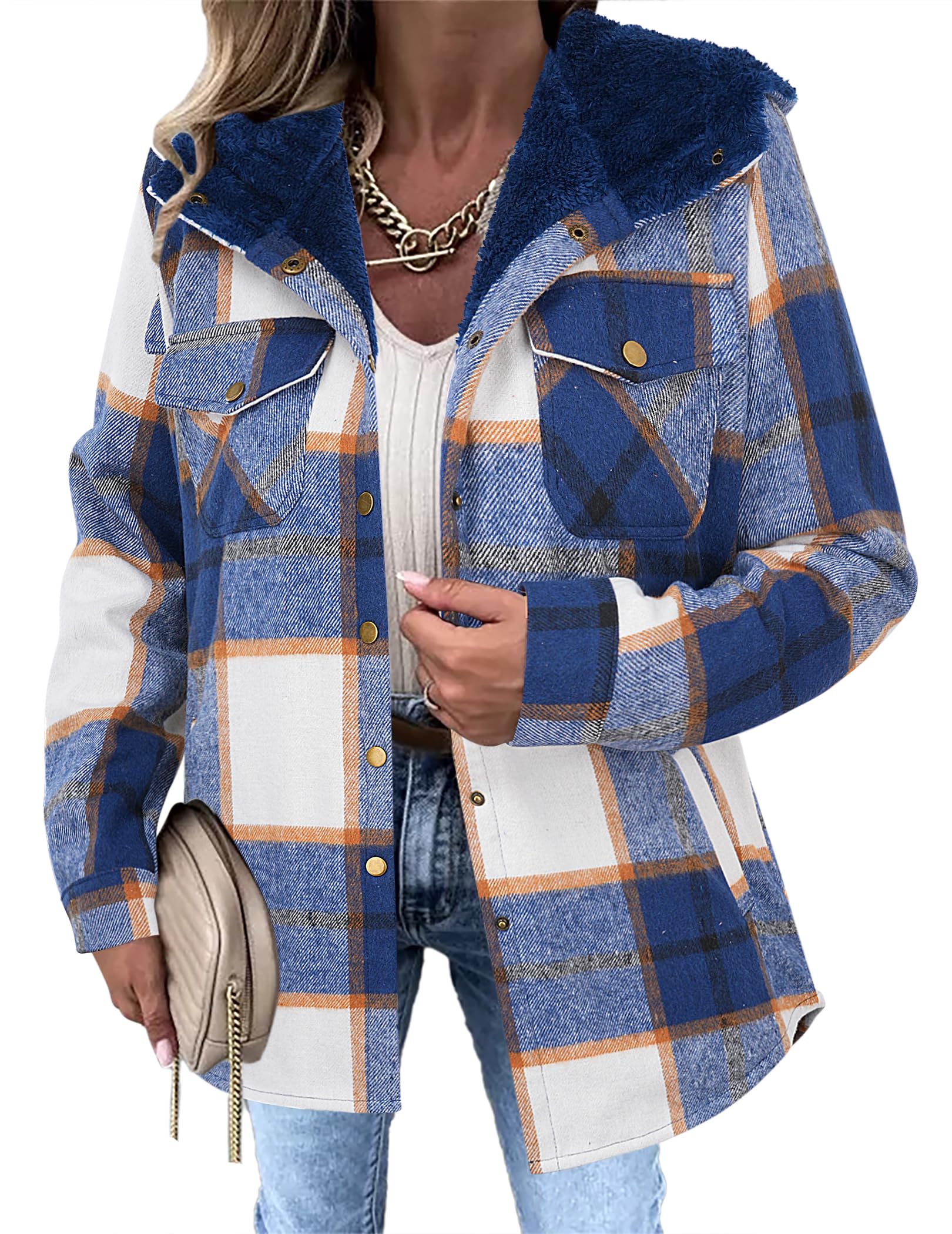 Zeagoo Womens Plaid Shacket Jacket Long Sleeve Fleece Hooded Jackets Fall Winter Warm Coat S-2XL