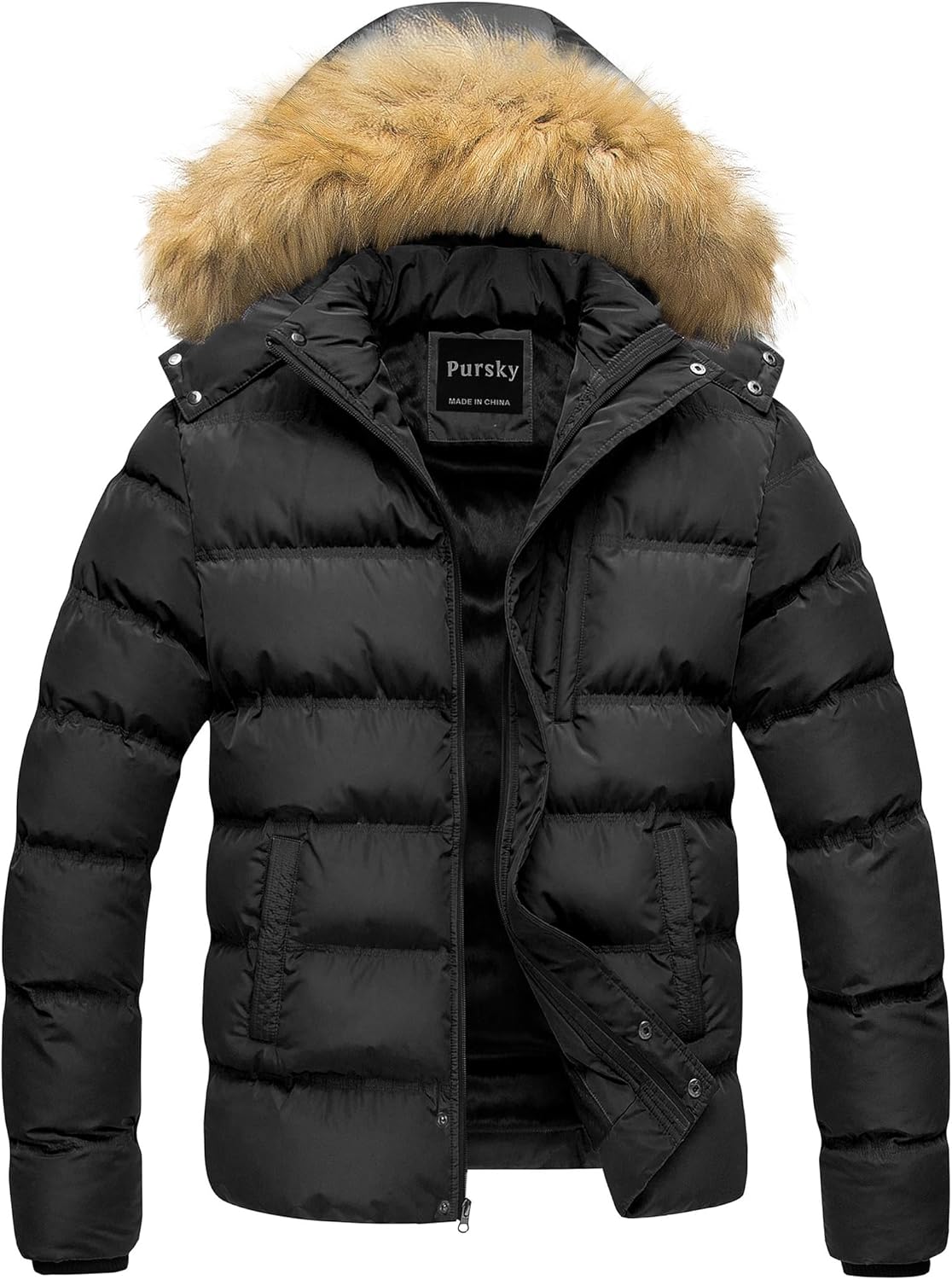 Pursky Men's Puffer Jacket Waterproof Winter Bubble Coats Ski Parka Fur Hooded