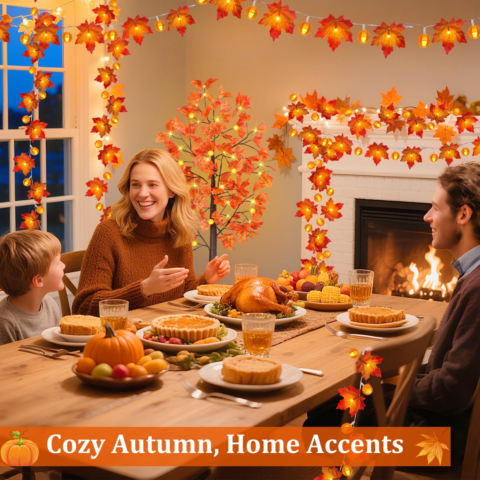 3 Pack Fall Garland with Pumpkin Lights & Enlarged Maple Fall Halloween String Lights Pumpkin Decor, 30Ft 60LED Waterproof Battery Operated Fall Decorations for Home Thanksgiving Decor Indoor Outdoor