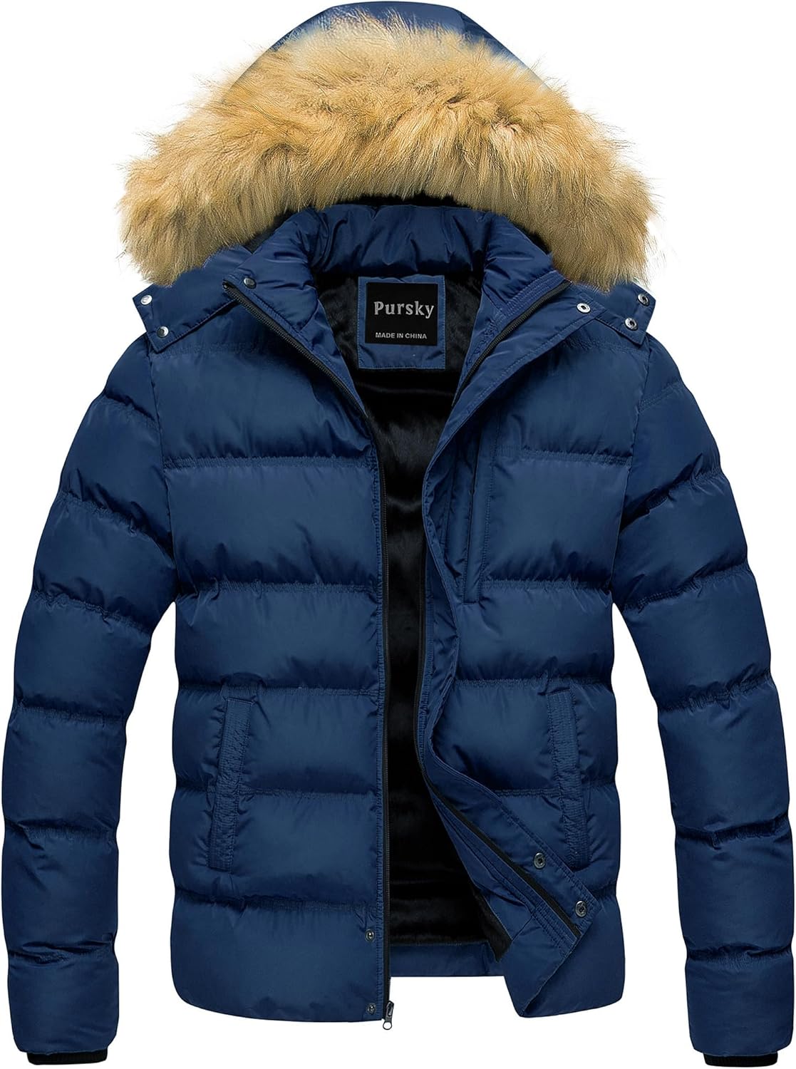 Pursky Men's Puffer Jacket Waterproof Winter Bubble Coats Ski Parka Fur Hooded