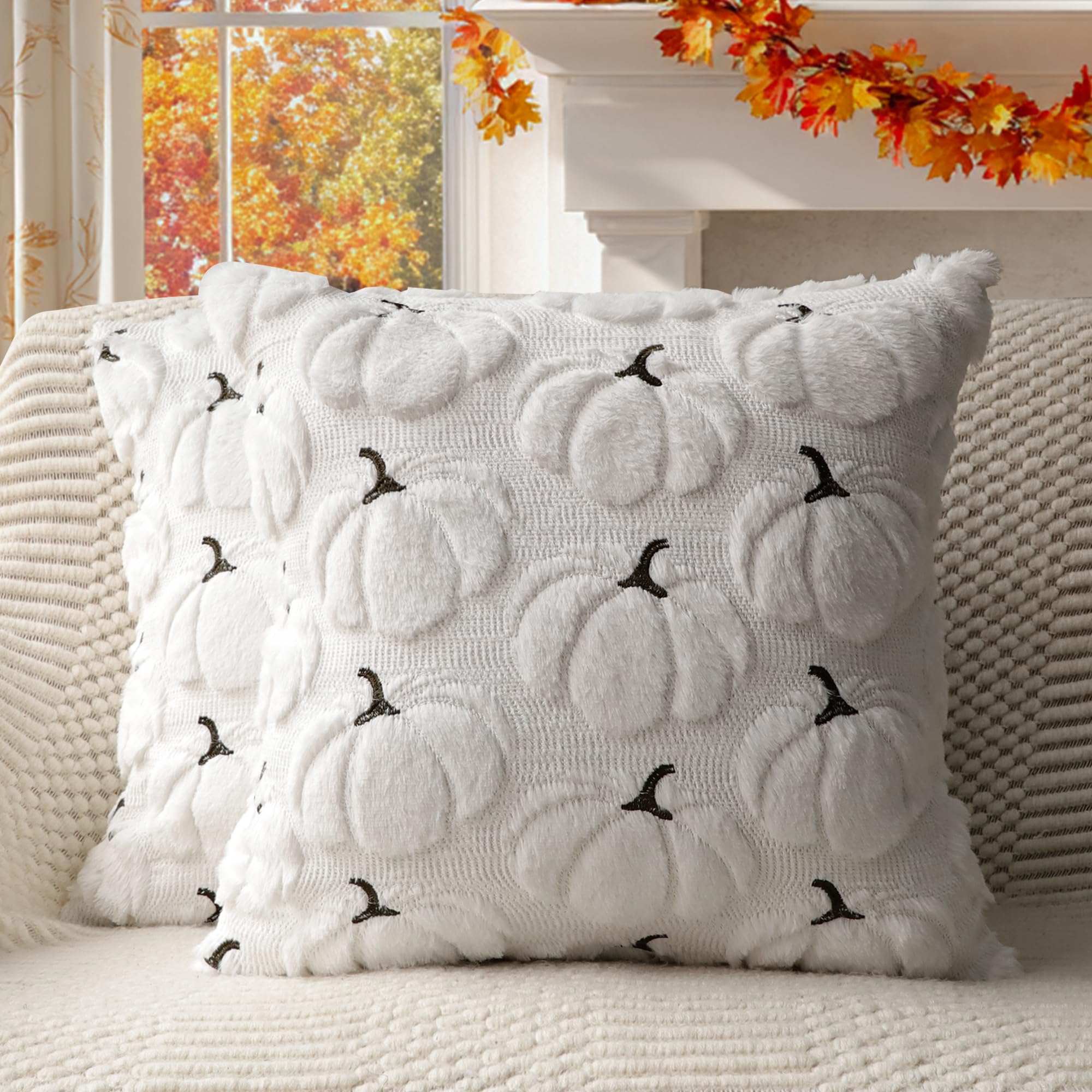 4TH Emotion Fall Pumpkins Decorative Pillow Covers 18x18 Set of 2, Beige Soft Plush Faux Fur Wool Farmhouse Throw Cushion Cases for Autumn Thanksgiving Holiday Home Decorations