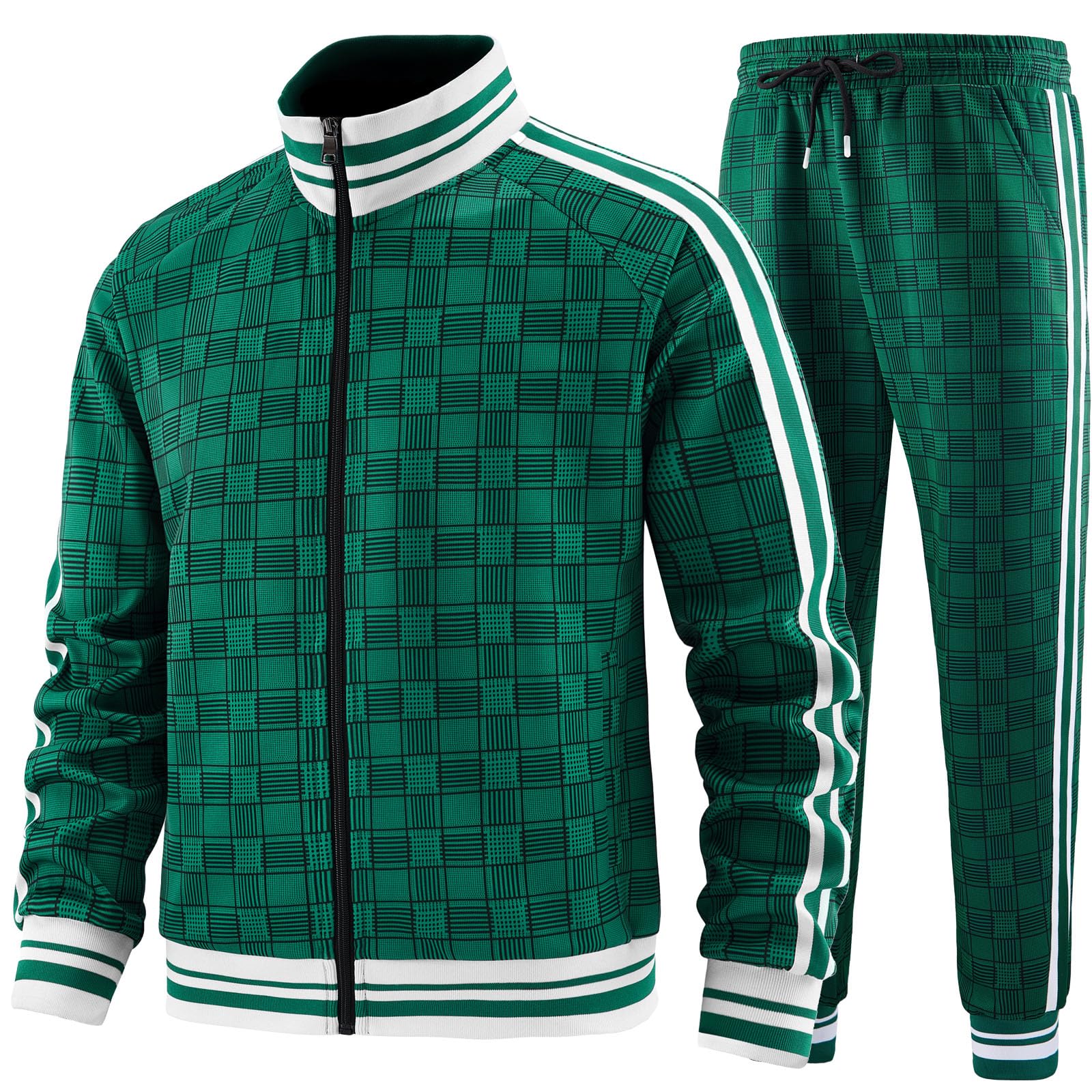 Men Tracksuits Full-zip Long Sleeve Plaid Track Jackets and Pants 2 Piece