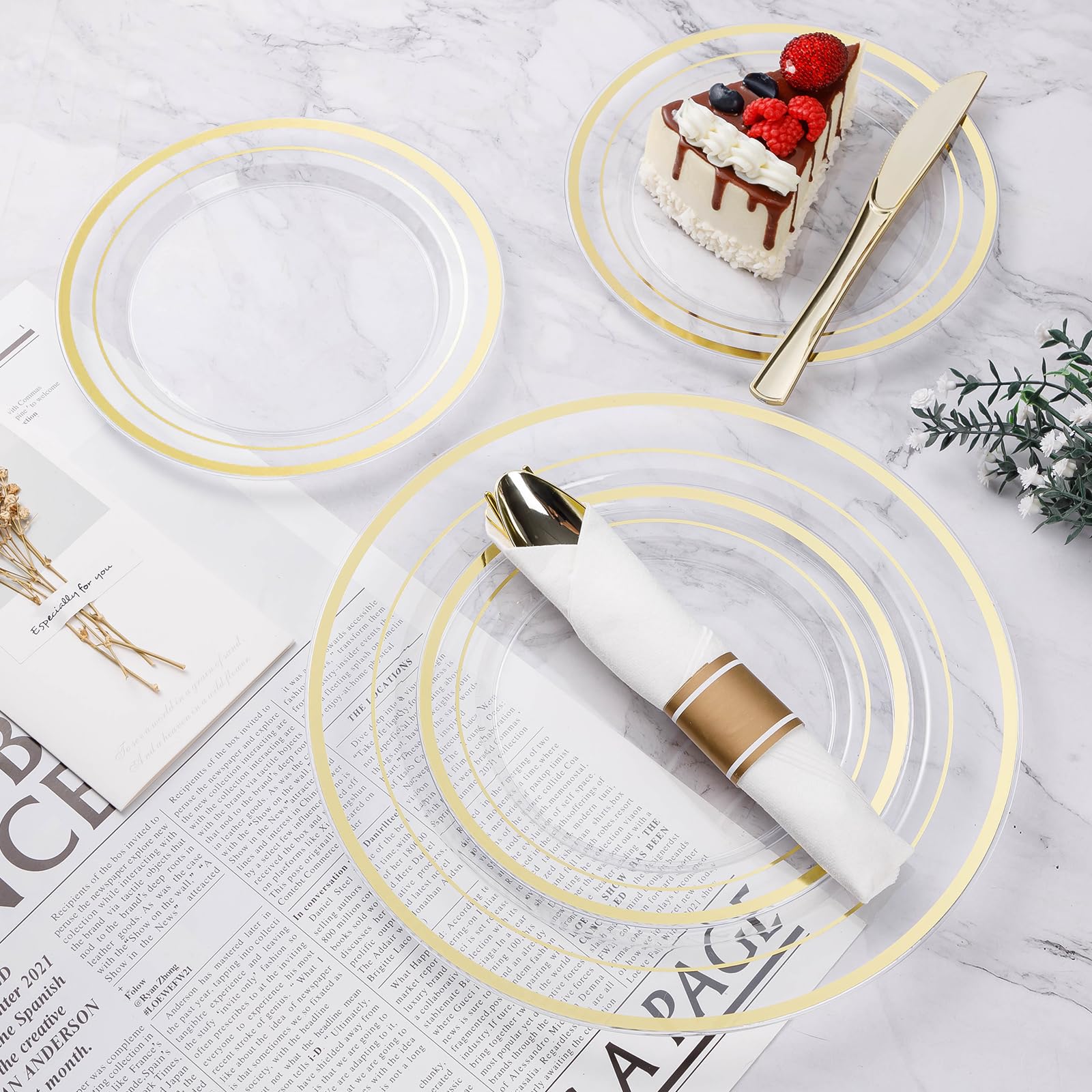 350PCS Gold Plastic Dinnerware Set, Disposable Party Plates for 50 Guests, Include: 100 Plastic Plates, 50 Pre Rolled Napkins with Gold Silverware, 50 Cups