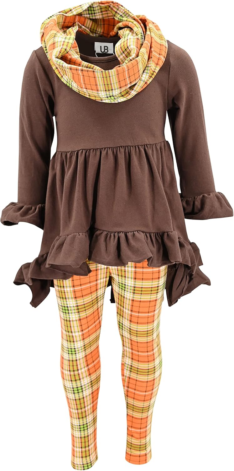 Unique Baby Girls Kids Toddler 3pc Outfit Set Long Sleeve Cotton Blend Tunic Top Leggings and Scarf