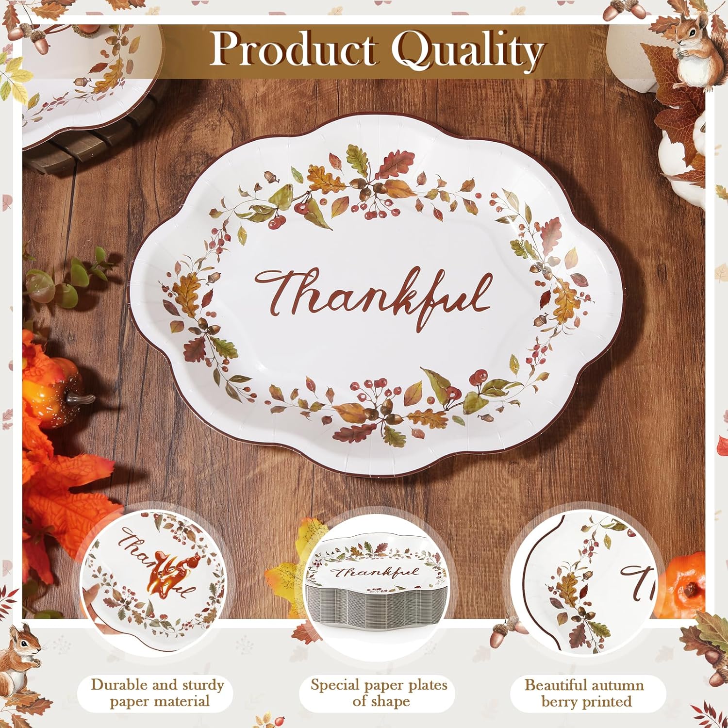 50 Pcs Thanksgiving Leaves Oval Paper Plates 9.6"x12"Autumn Berry Heavy Duty Party Plates Fall Maple Large Disposable Plates for Fall Harvest Give Thanks Party Supply